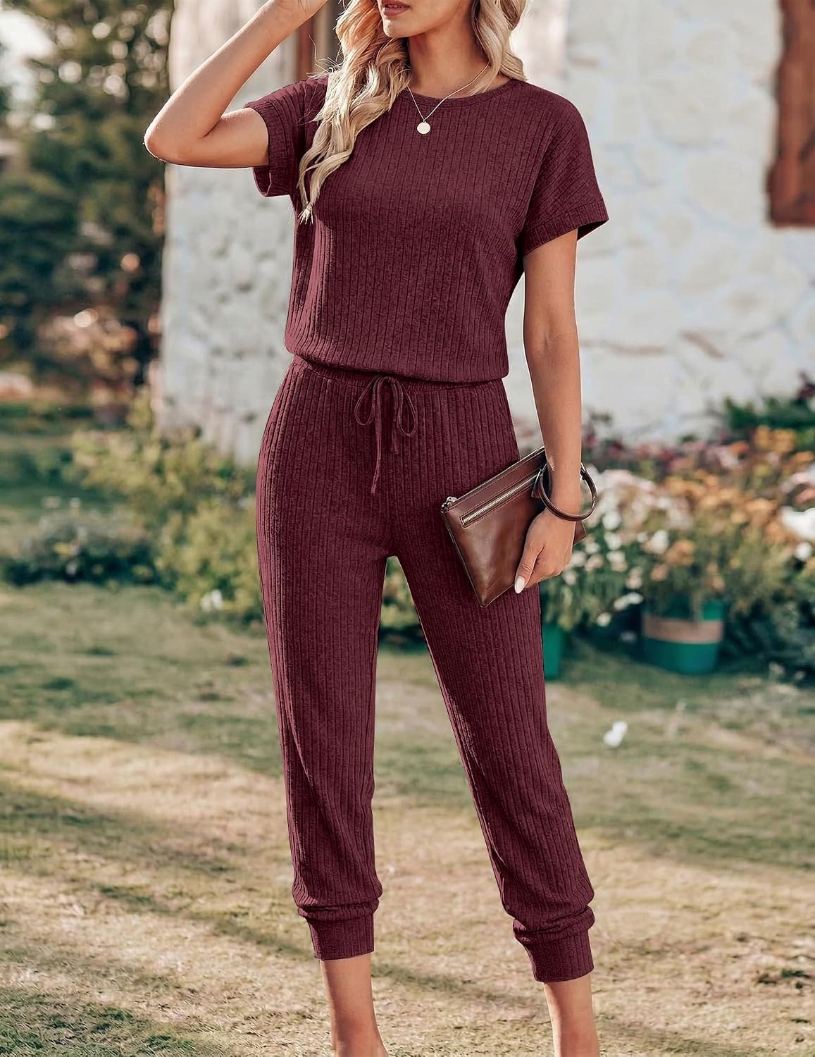 image:imageEkouaer Jumpsuits for Women Dressy Summer Romper Ribbed Knit Casual Travel Outfits 2026 Vacation Beach ClothesWine Red
