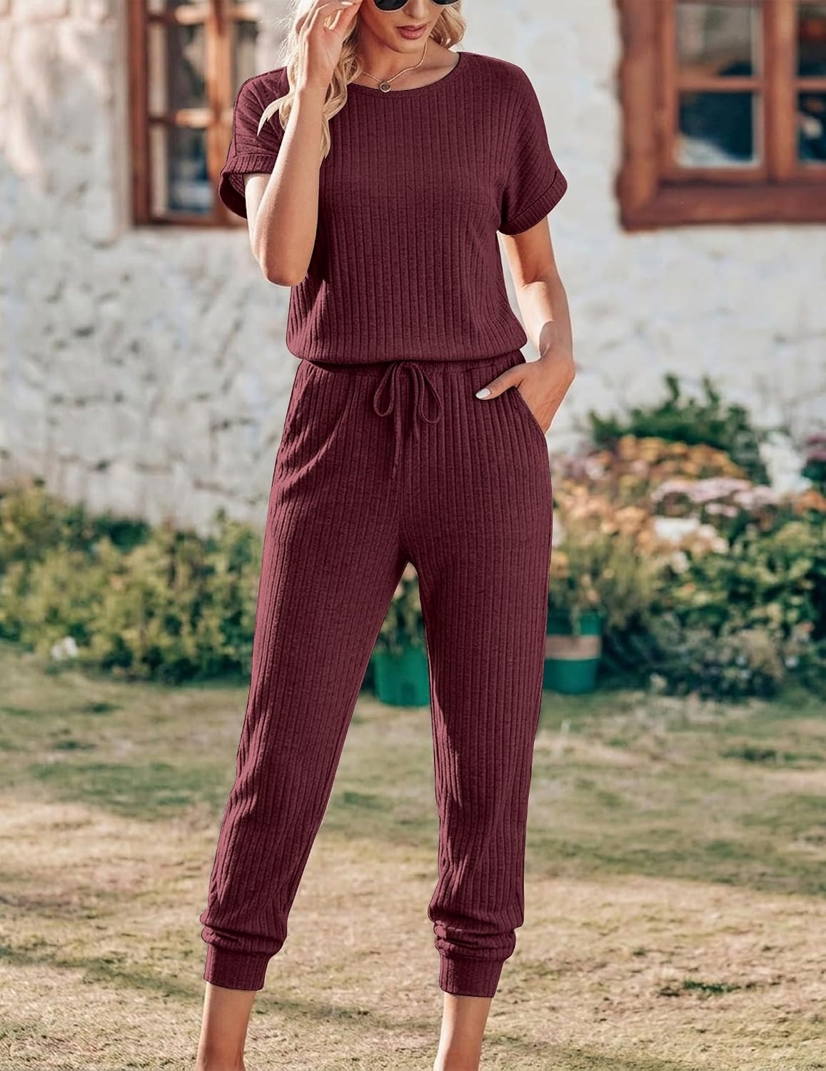 image:imageEkouaer Jumpsuits for Women Dressy Summer Romper Ribbed Knit Casual Travel Outfits 2026 Vacation Beach ClothesWine Red
