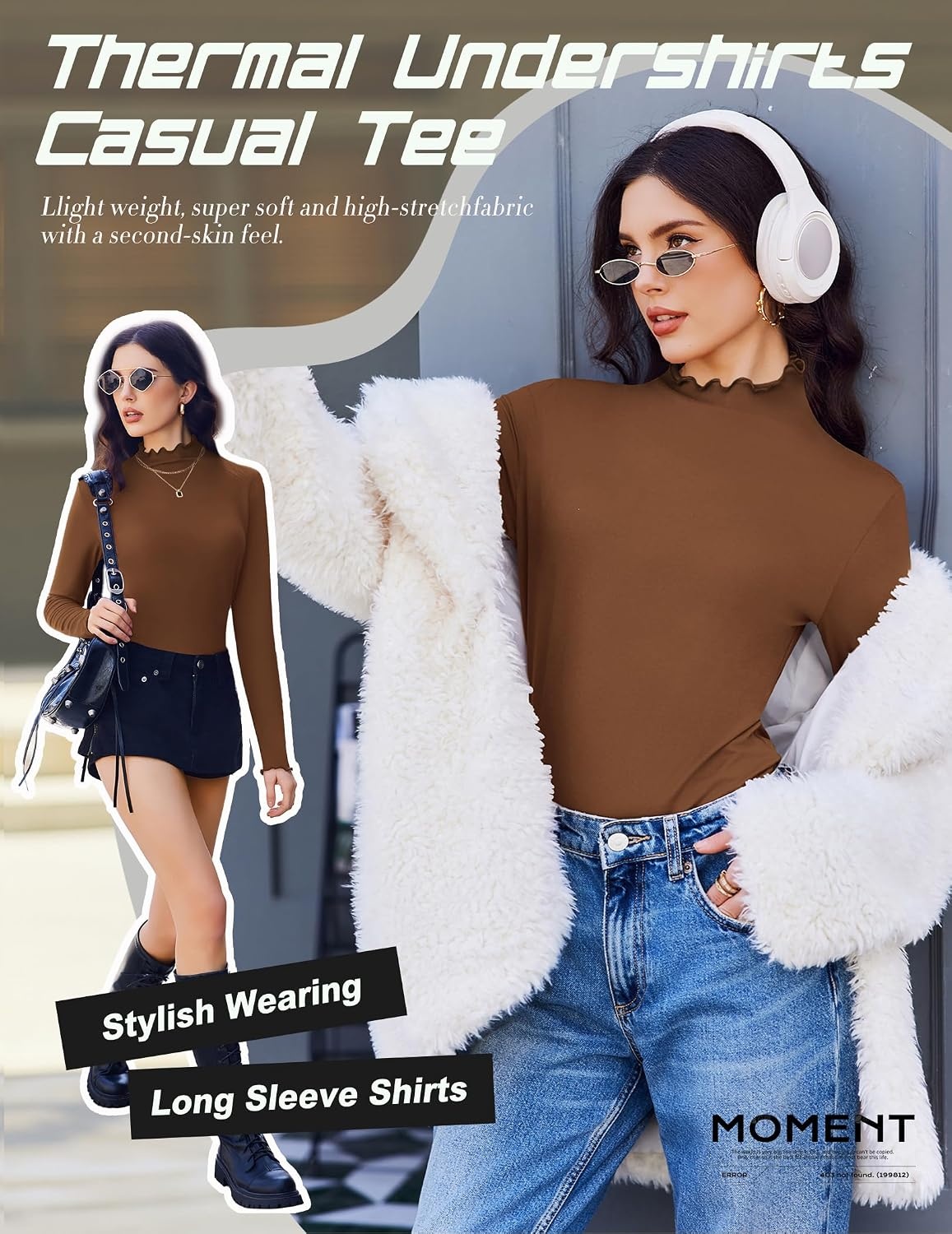 image:imageEkouaer Mock Neck Tops for Women Turtleneck 3 Pack Thermal Long Sleeve Women Womens Undershirts Casual Turtle Neck UndershirtBlackWhiteLight Brown