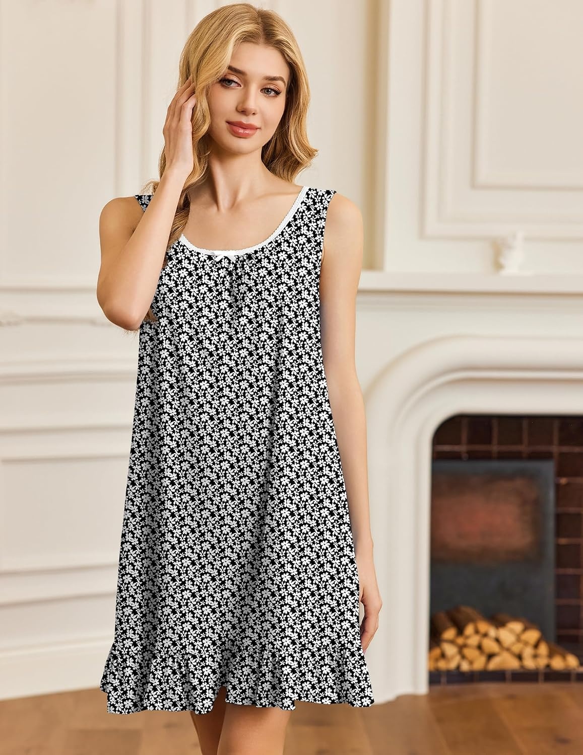 image:imageEkouaer Nightgowns for Women Sleeveless Nightdress Cute Night Gowns Short Sleepshirt Soft Sleepwear Pajama Dress SXXXLBlack White Floral