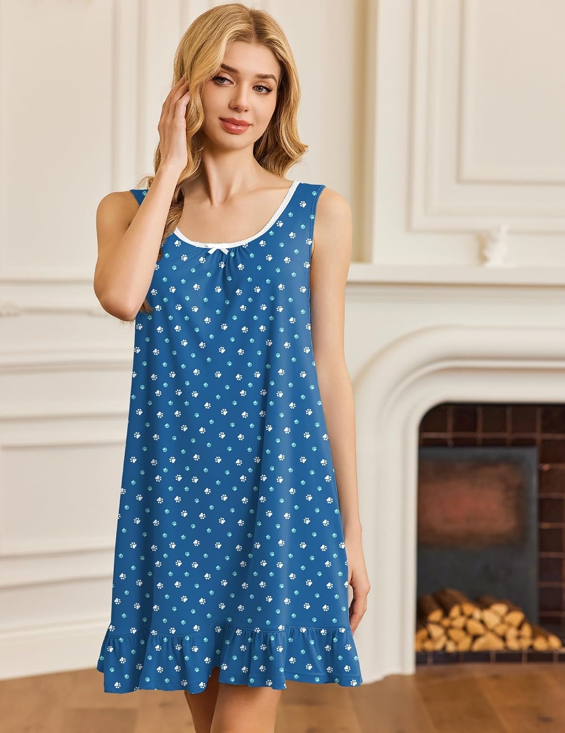 image:imageEkouaer Nightgowns for Women Sleeveless Nightdress Cute Night Gowns Short Sleepshirt Soft Sleepwear Pajama Dress SXXXLBlue White Footprint