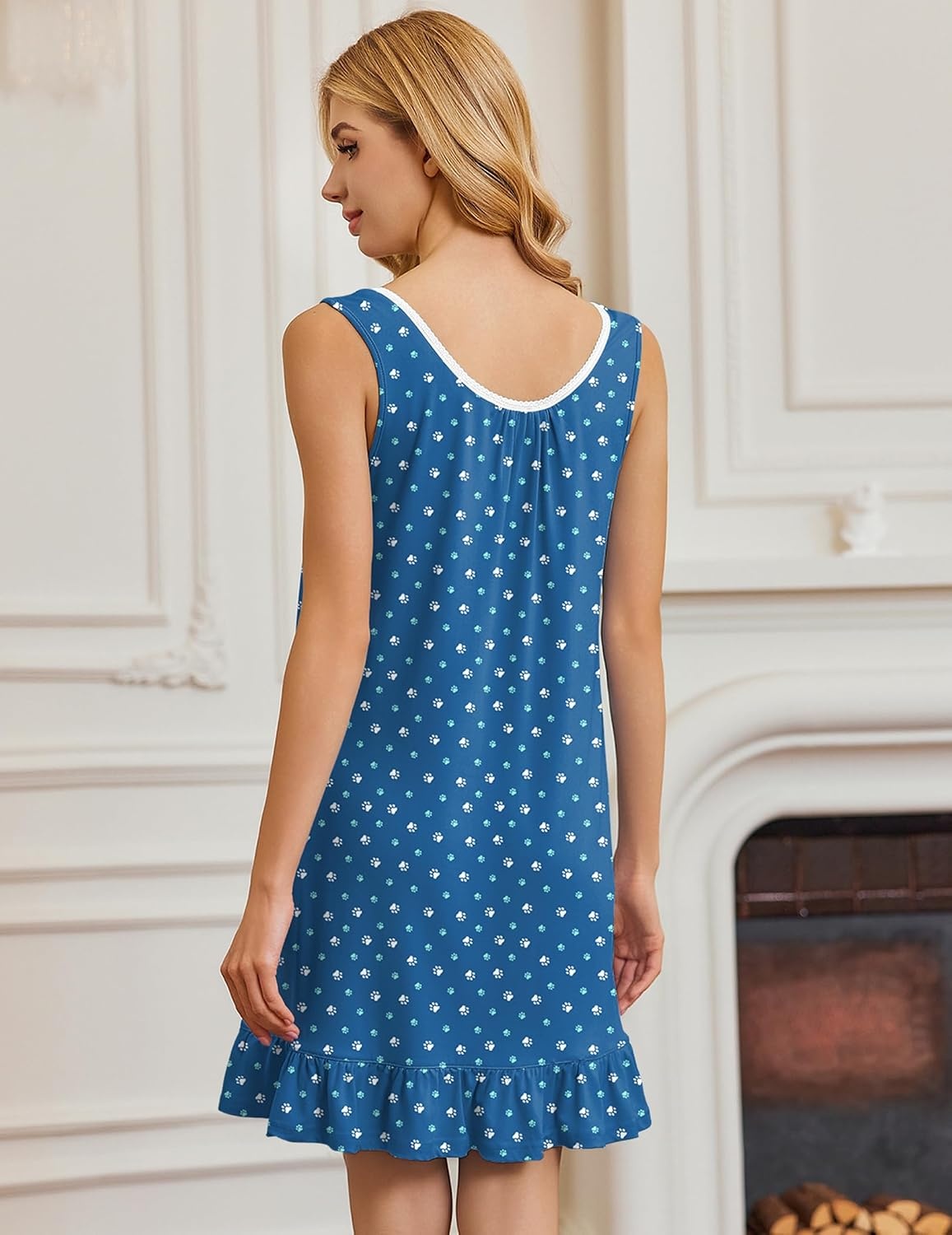 image:imageEkouaer Nightgowns for Women Sleeveless Nightdress Cute Night Gowns Short Sleepshirt Soft Sleepwear Pajama Dress SXXXLBlue White Footprint