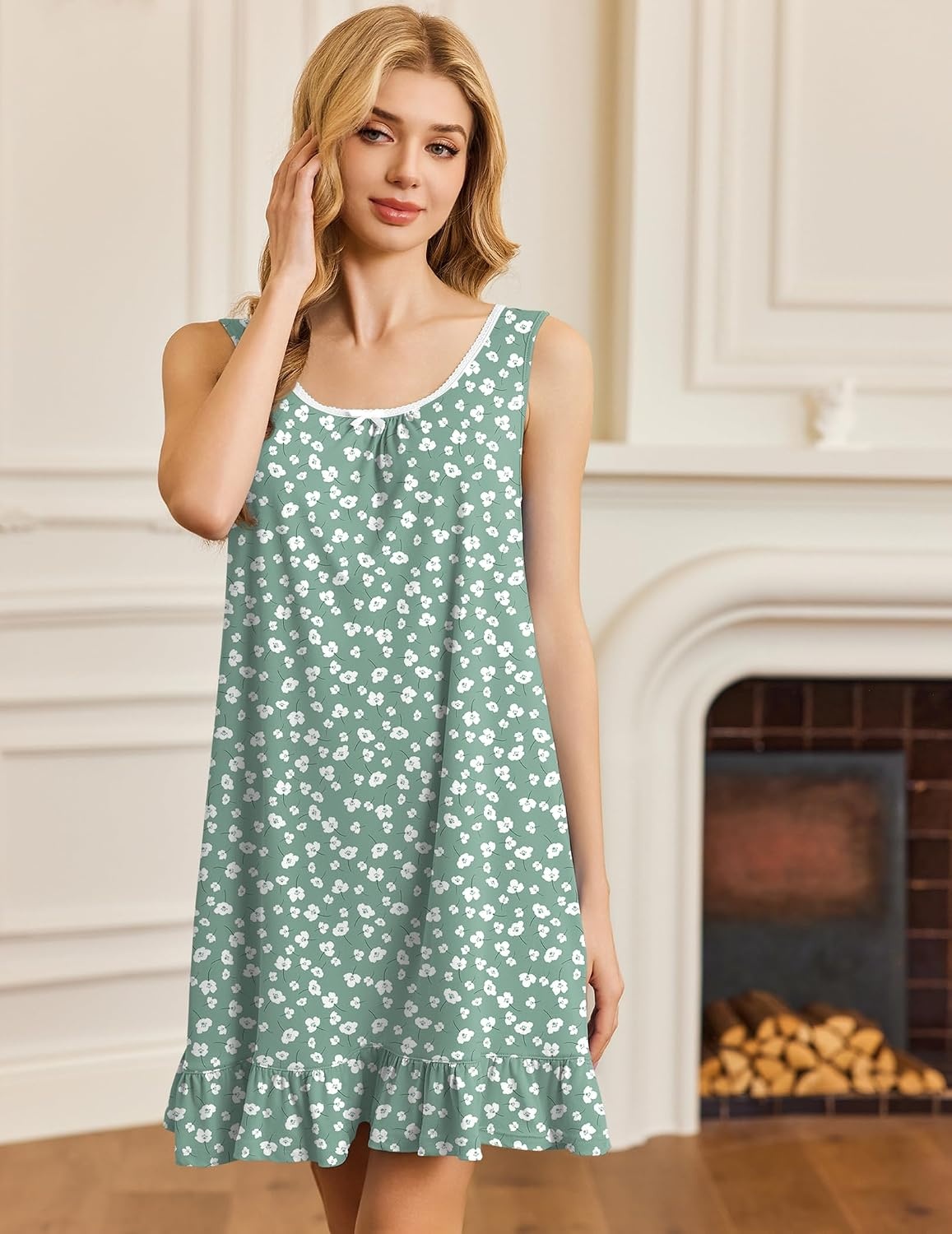 image:imageEkouaer Nightgowns for Women Sleeveless Nightdress Cute Night Gowns Short Sleepshirt Soft Sleepwear Pajama Dress SXXXLGreen White Floral