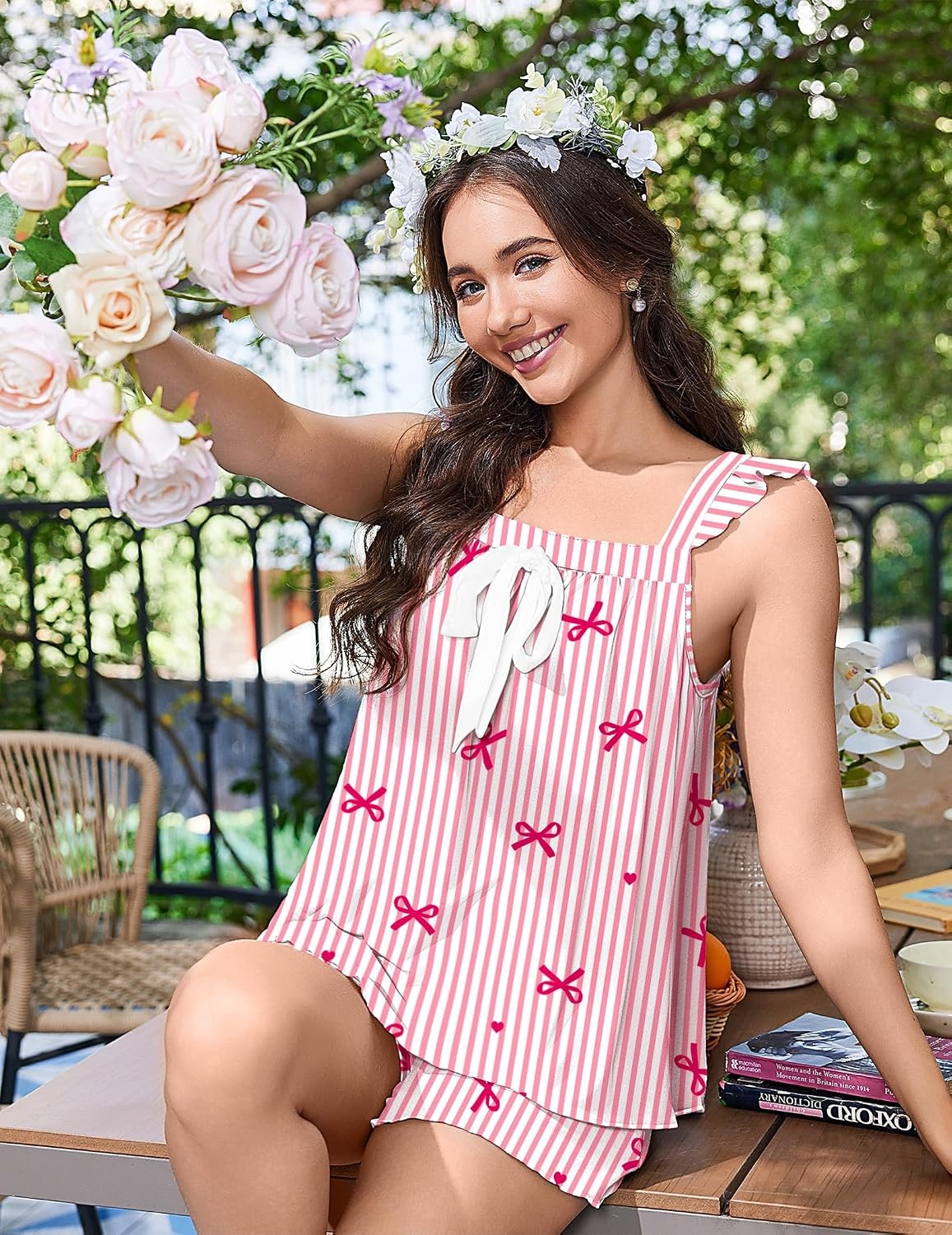 image:imageEkouaer Pajama for Women 2 Piece Soft Pjs Sets Bow Tank Top and Shorts Set Bridal Ruffle Pajamas for Women XS2XLBow Striped