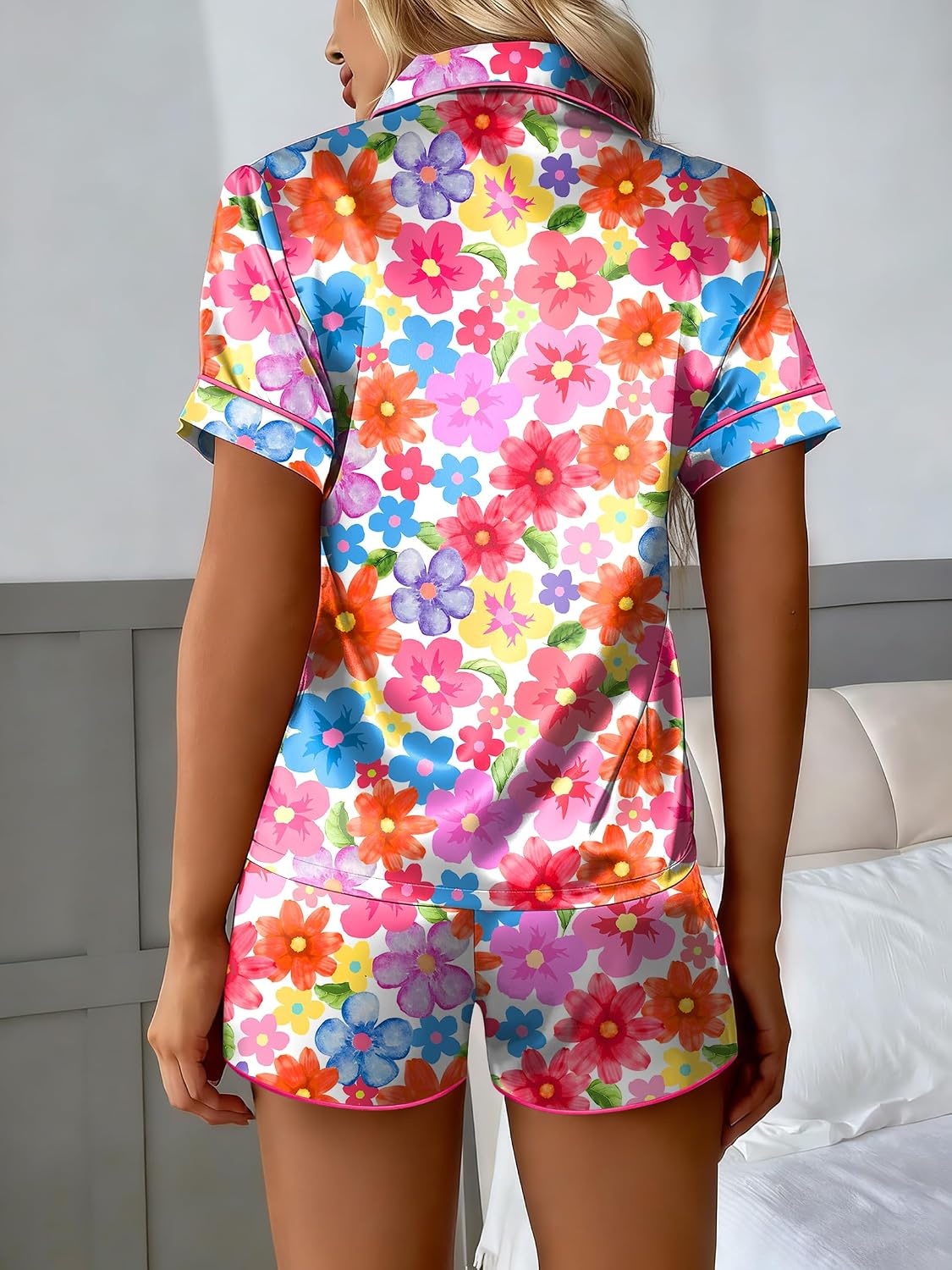 image:imageEkouaer Silk Satin Pajama Set for Women Button Down Short Sleeve Top and Shorts Pjs Sets Sleepwear Gifts for Party S5XLBright Floral Print