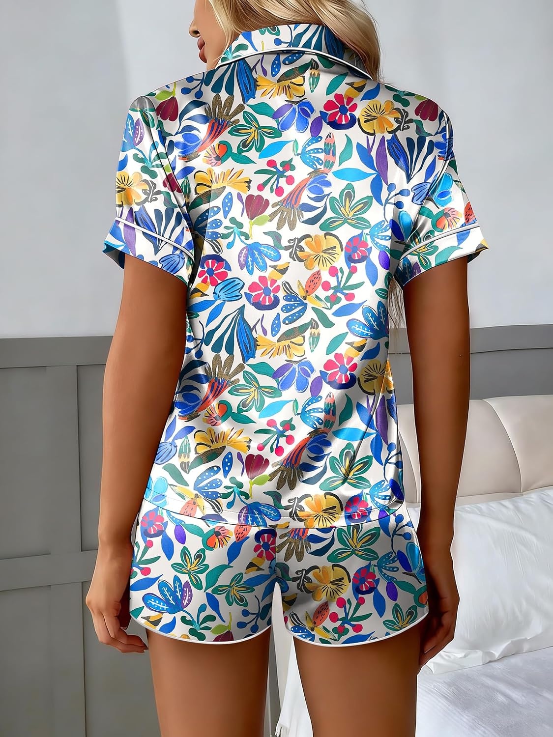image:imageEkouaer Silk Satin Pajama Set for Women Button Down Short Sleeve Top and Shorts Pjs Sets Sleepwear Gifts for Party S5XLColorful Botanical Print