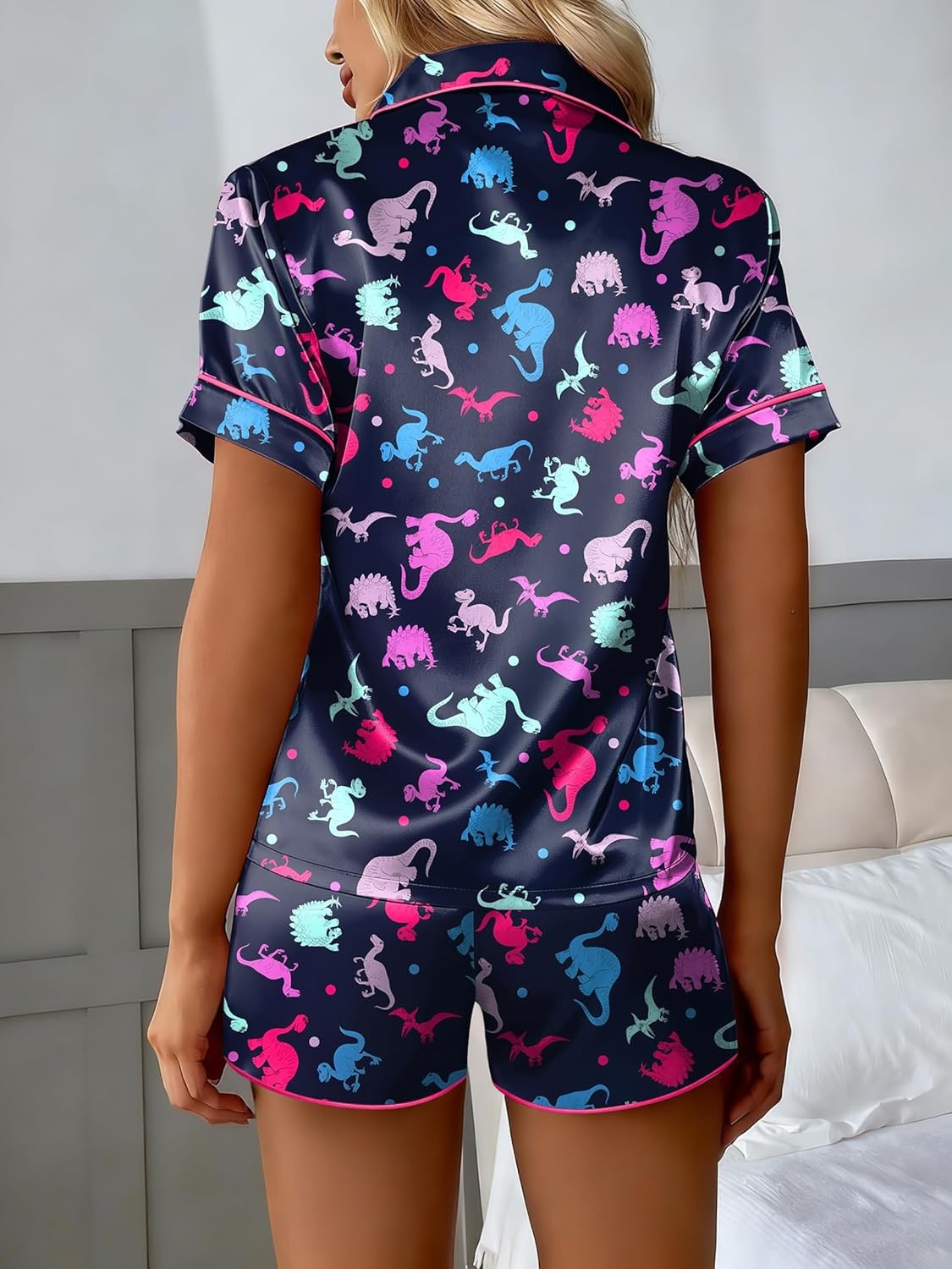 image:imageEkouaer Silk Satin Pajama Set for Women Button Down Short Sleeve Top and Shorts Pjs Sets Sleepwear Gifts for Party S5XLColorful Dinosaur Prints