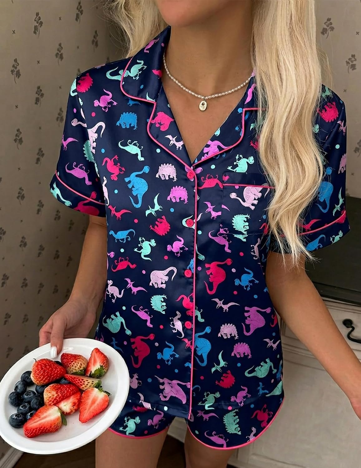 image:imageEkouaer Silk Satin Pajama Set for Women Button Down Short Sleeve Top and Shorts Pjs Sets Sleepwear Gifts for Party S5XLColorful Dinosaur Prints