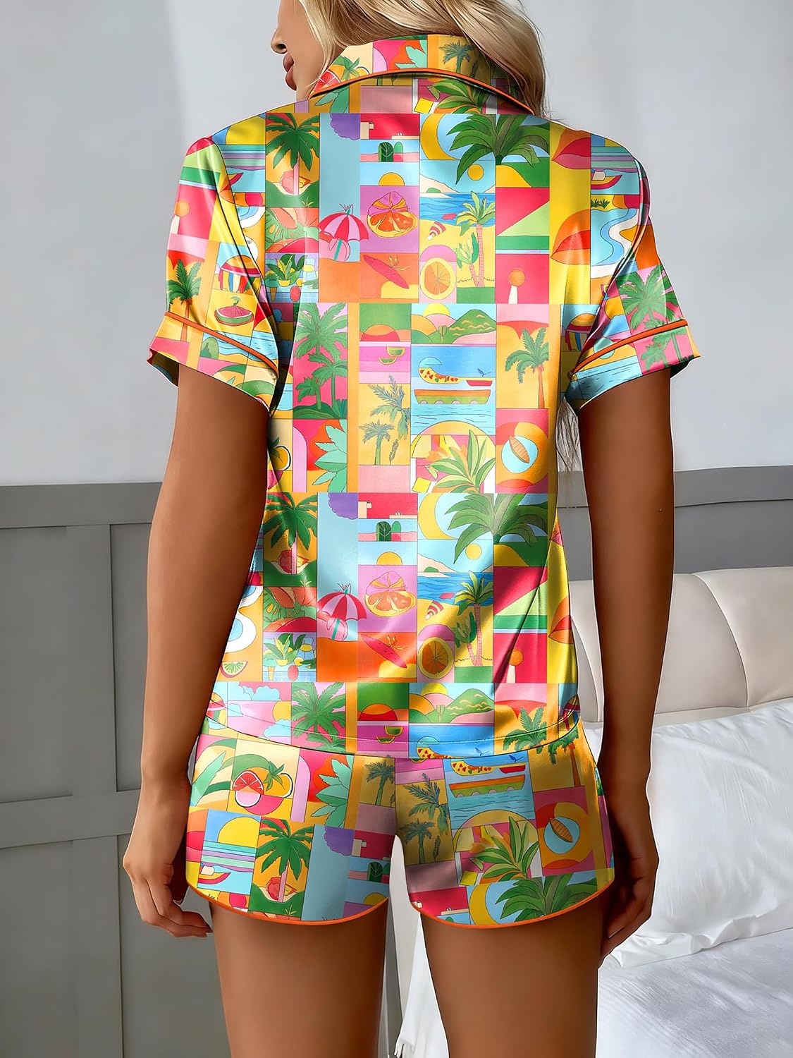 image:imageEkouaer Silk Satin Pajama Set for Women Button Down Short Sleeve Top and Shorts Pjs Sets Sleepwear Gifts for Party S5XLTropical Print
