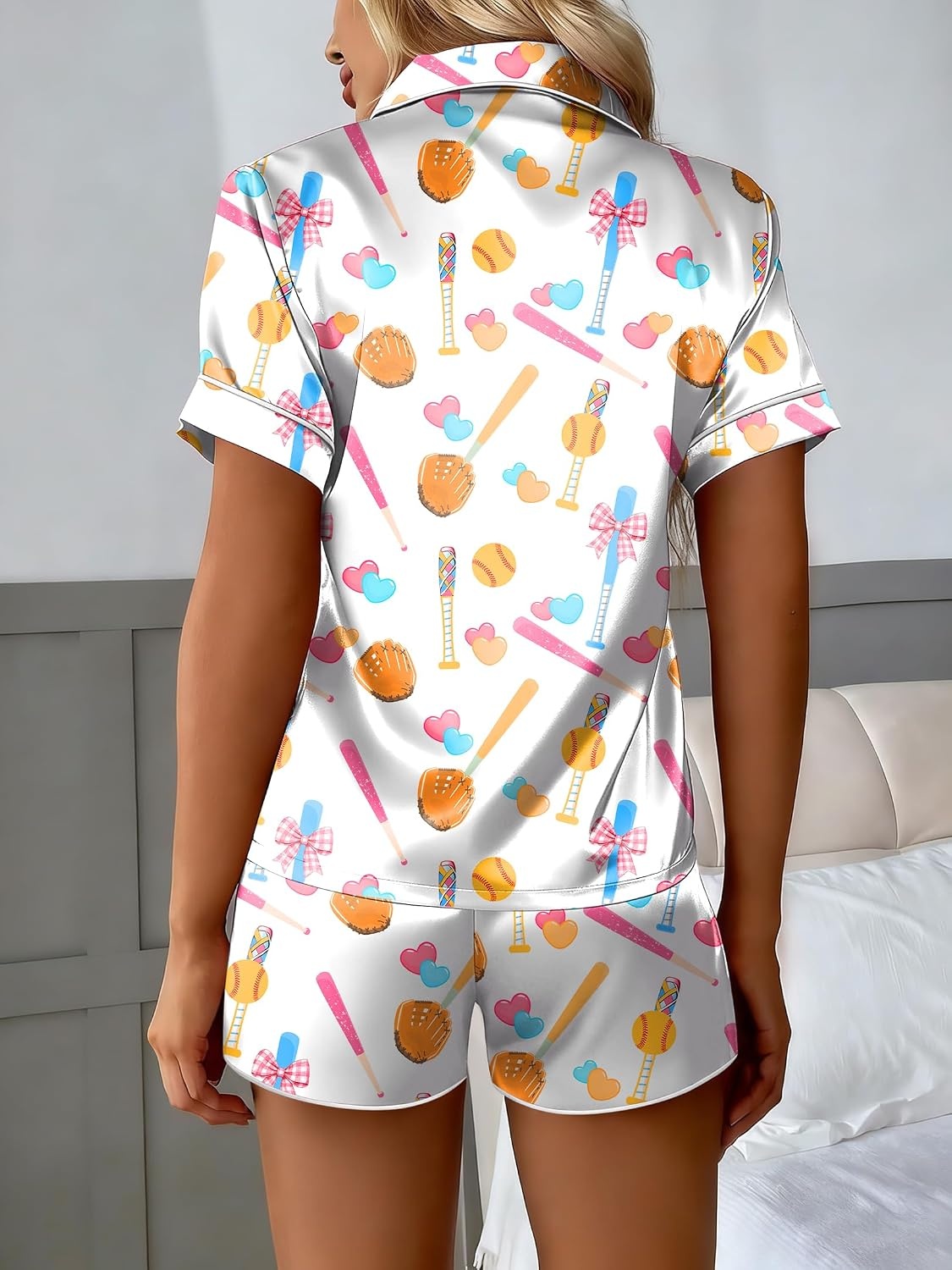 image:imageEkouaer Silk Satin Pajama Set for Women Button Down Short Sleeve Top and Shorts Pjs Sets Sleepwear Gifts for Party S5XLWhite Bow Softball