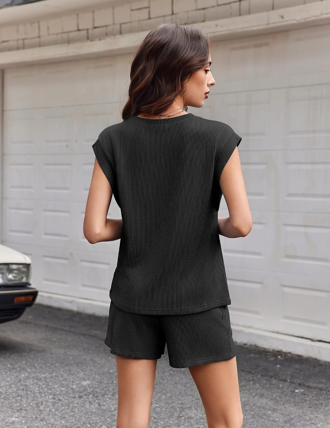 image:imageEkouaer Two Piece Sets for Women Summer Crew Neck Lounge Shorts Sets Cap Sleeve Matching Sets Vacation Outfits with PocketBlack