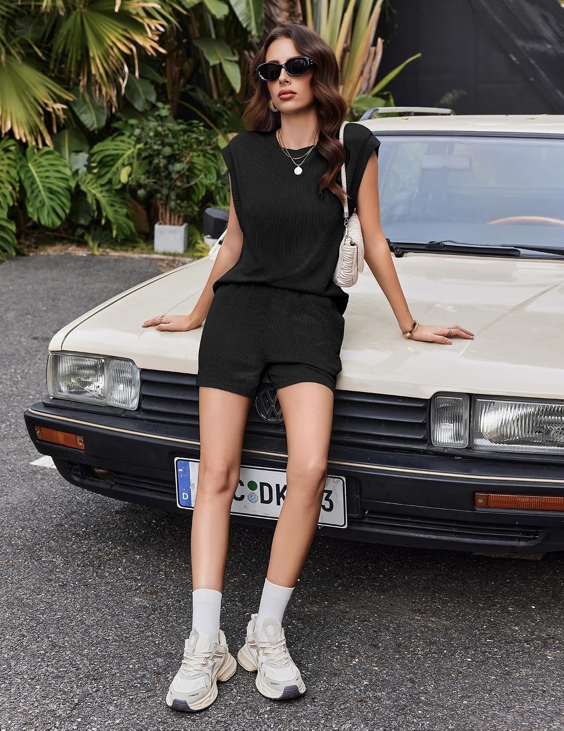 image:imageEkouaer Two Piece Sets for Women Summer Crew Neck Lounge Shorts Sets Cap Sleeve Matching Sets Vacation Outfits with PocketBlack