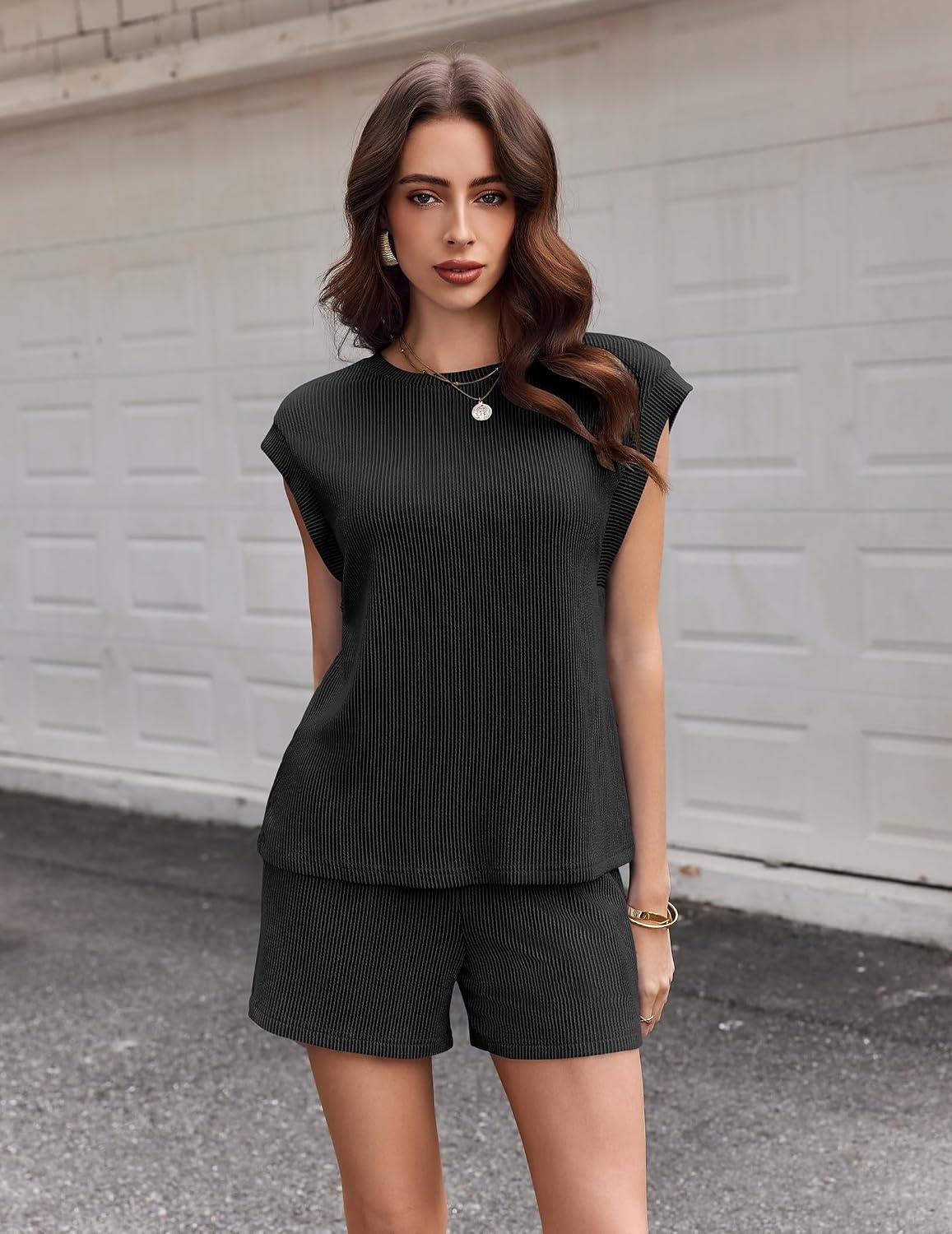 image:imageEkouaer Two Piece Sets for Women Summer Crew Neck Lounge Shorts Sets Cap Sleeve Matching Sets Vacation Outfits with PocketBlack