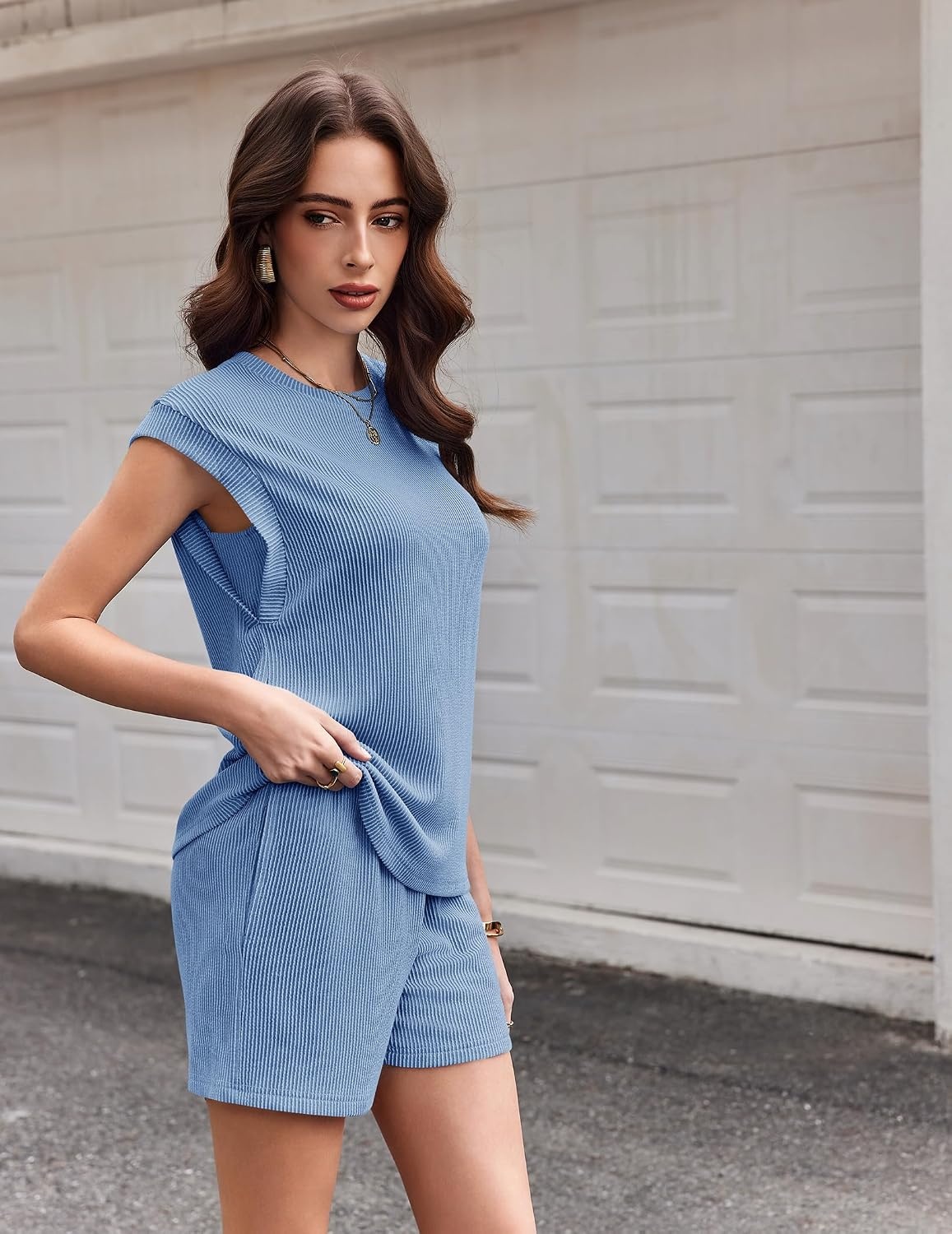 image:imageEkouaer Two Piece Sets for Women Summer Crew Neck Lounge Shorts Sets Cap Sleeve Matching Sets Vacation Outfits with PocketBlue