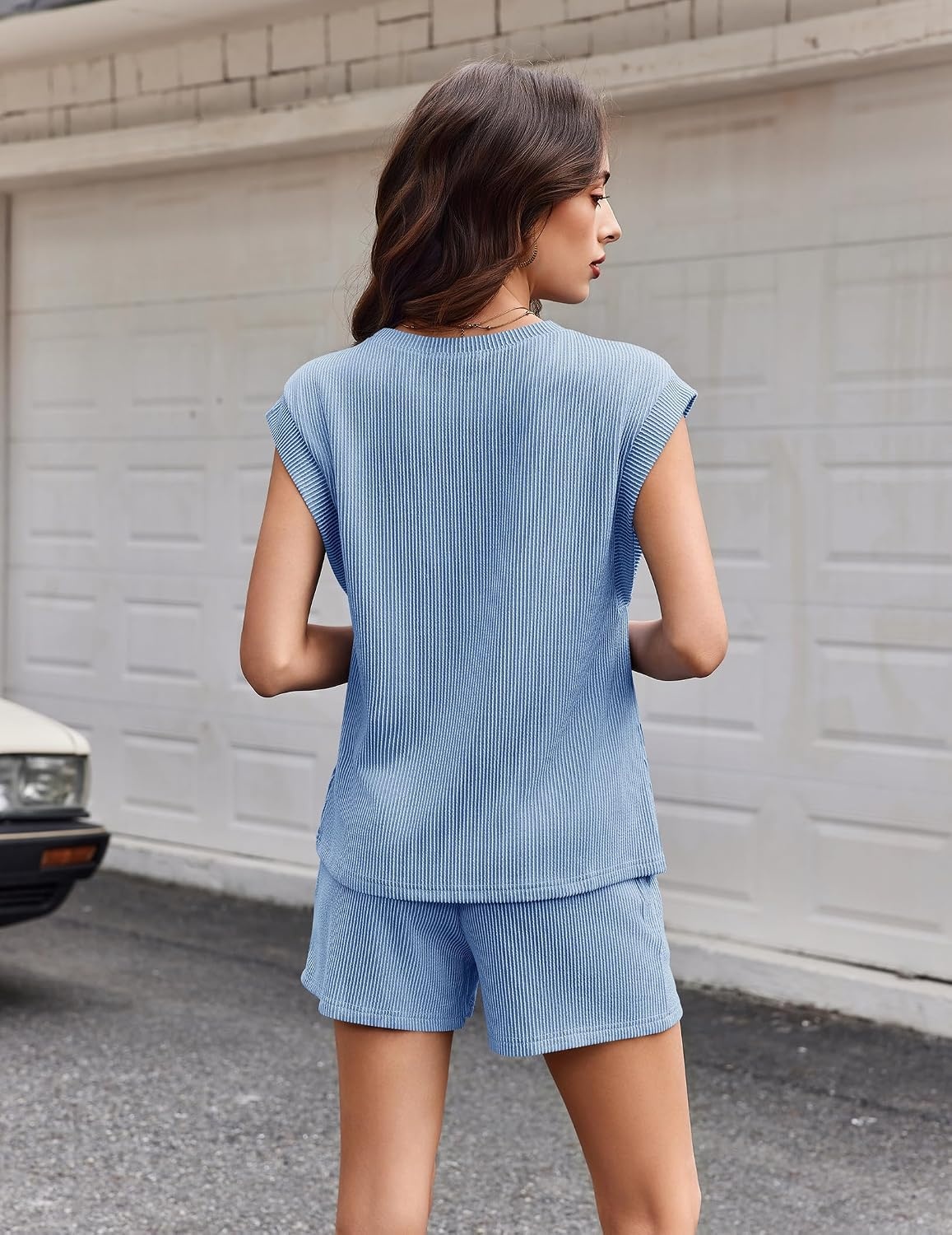 image:imageEkouaer Two Piece Sets for Women Summer Crew Neck Lounge Shorts Sets Cap Sleeve Matching Sets Vacation Outfits with PocketBlue