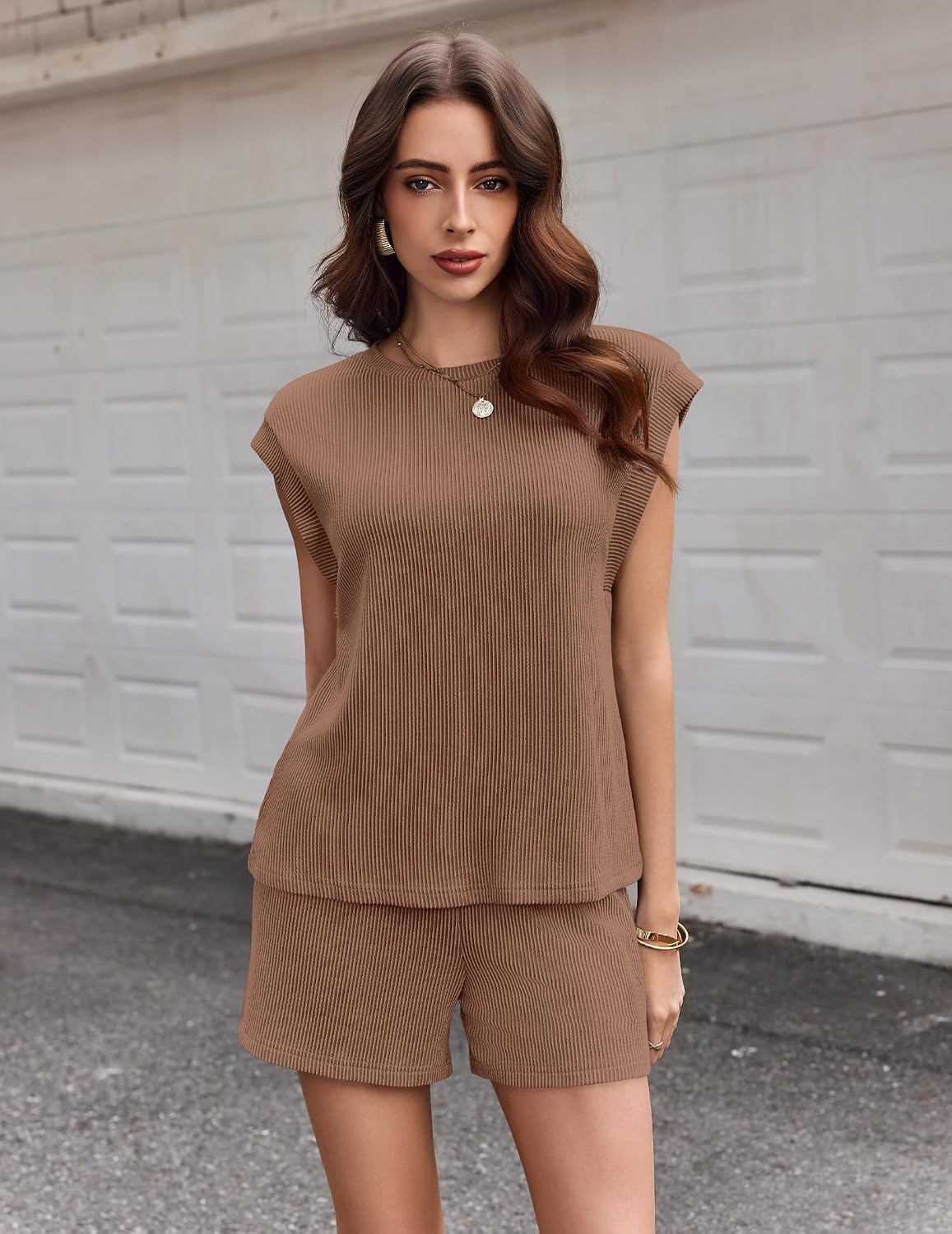 image:imageEkouaer Two Piece Sets for Women Summer Crew Neck Lounge Shorts Sets Cap Sleeve Matching Sets Vacation Outfits with PocketBrown