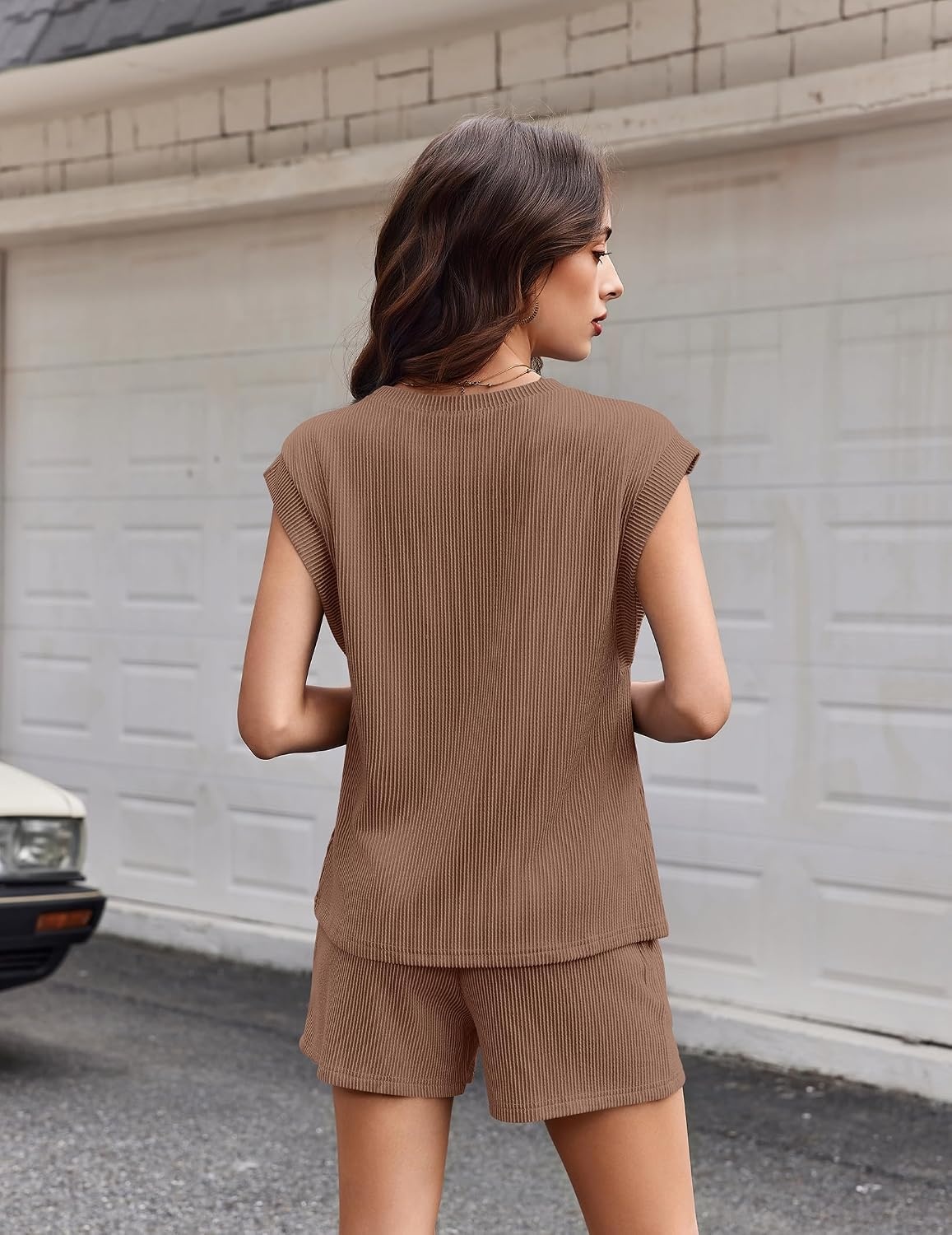 image:imageEkouaer Two Piece Sets for Women Summer Crew Neck Lounge Shorts Sets Cap Sleeve Matching Sets Vacation Outfits with PocketBrown