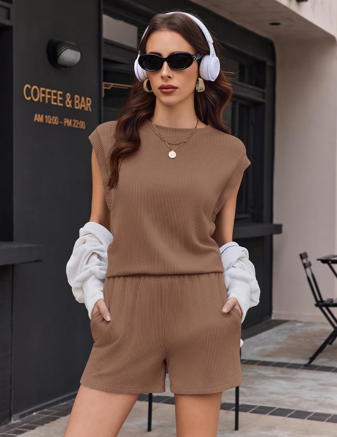 image:imageEkouaer Two Piece Sets for Women Summer Crew Neck Lounge Shorts Sets Cap Sleeve Matching Sets Vacation Outfits with PocketBrown