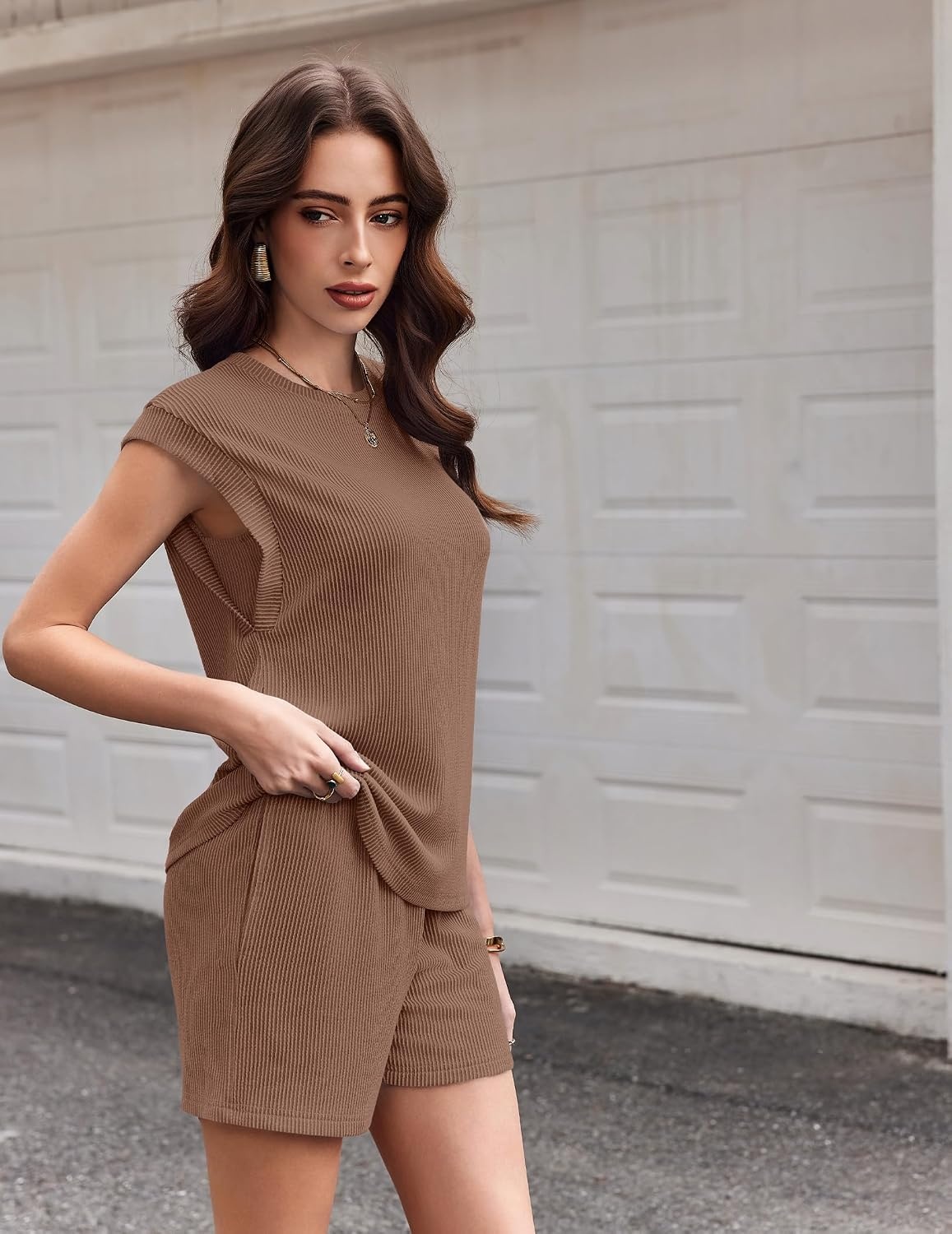 image:imageEkouaer Two Piece Sets for Women Summer Crew Neck Lounge Shorts Sets Cap Sleeve Matching Sets Vacation Outfits with PocketBrown