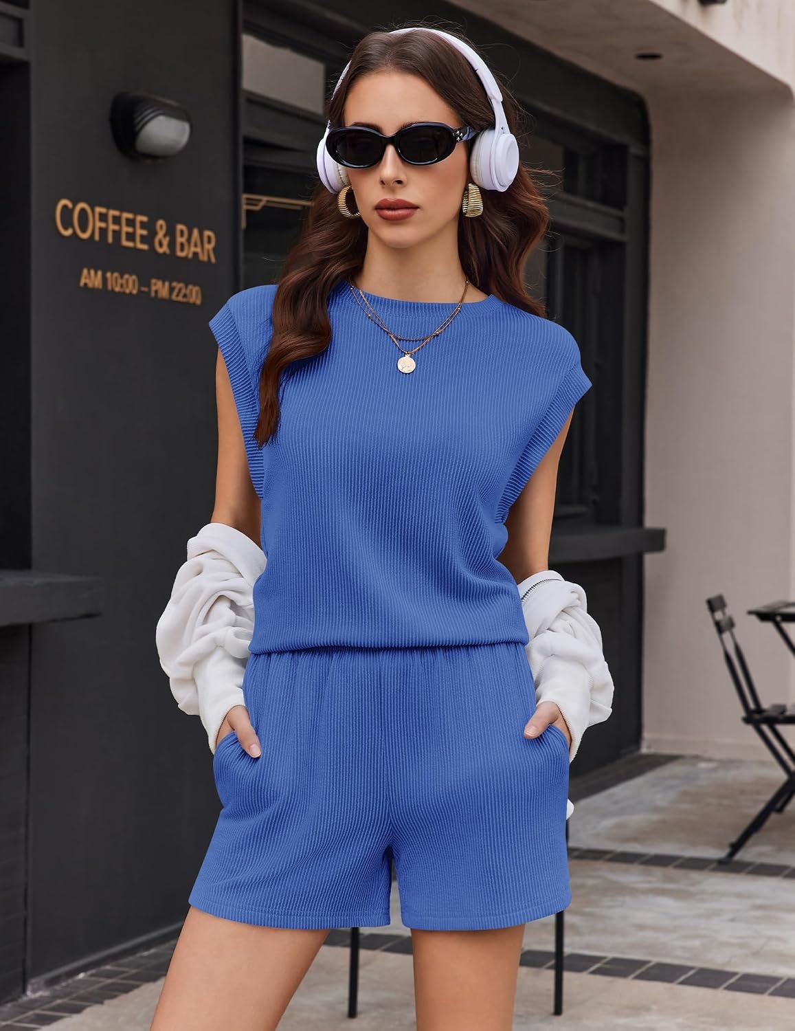 image:imageEkouaer Two Piece Sets for Women Summer Crew Neck Lounge Shorts Sets Cap Sleeve Matching Sets Vacation Outfits with PocketDark Blue