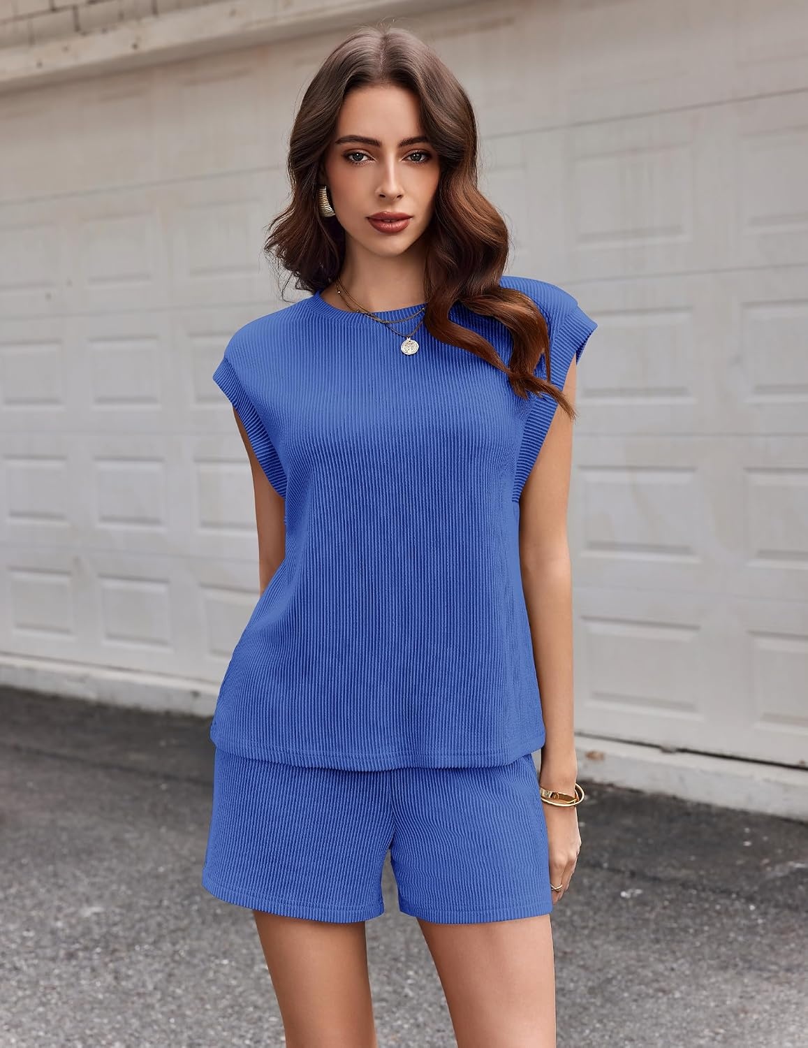 image:imageEkouaer Two Piece Sets for Women Summer Crew Neck Lounge Shorts Sets Cap Sleeve Matching Sets Vacation Outfits with PocketDark Blue