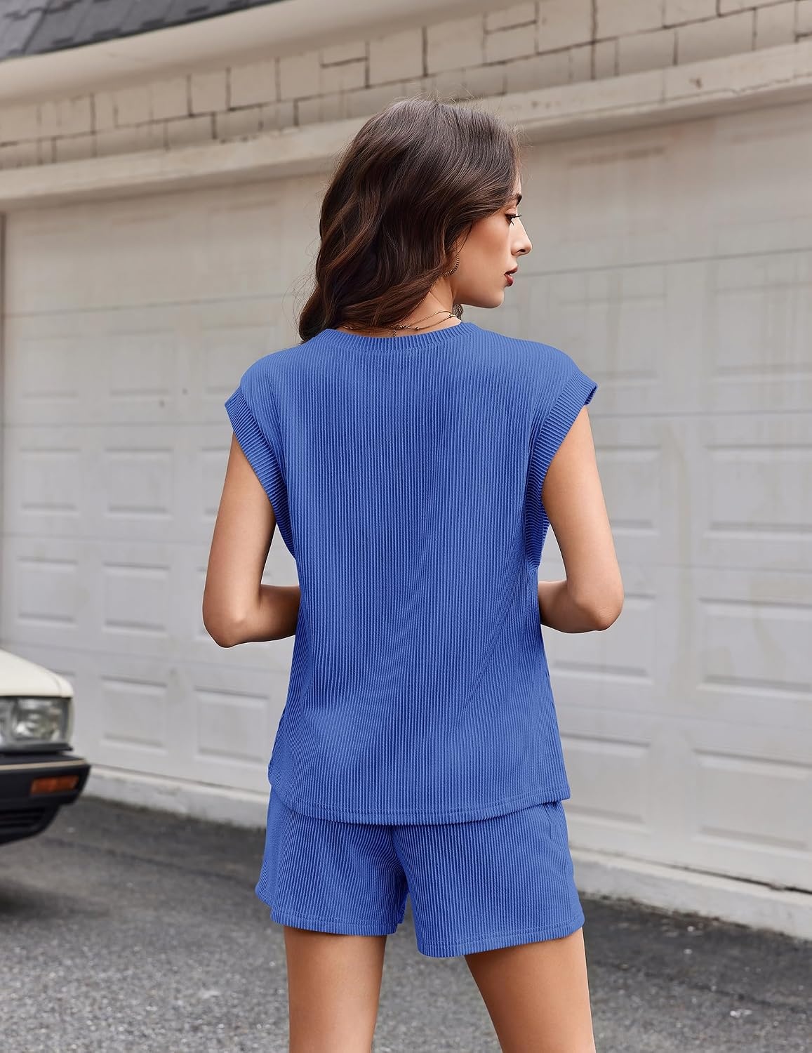 image:imageEkouaer Two Piece Sets for Women Summer Crew Neck Lounge Shorts Sets Cap Sleeve Matching Sets Vacation Outfits with PocketDark Blue