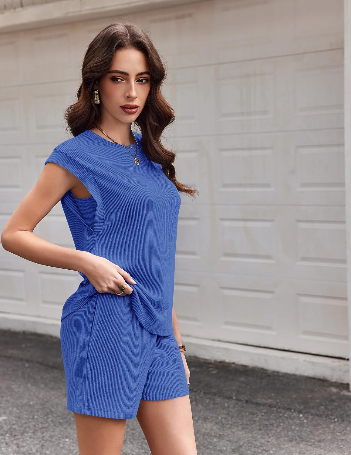 image:imageEkouaer Two Piece Sets for Women Summer Crew Neck Lounge Shorts Sets Cap Sleeve Matching Sets Vacation Outfits with PocketDark Blue