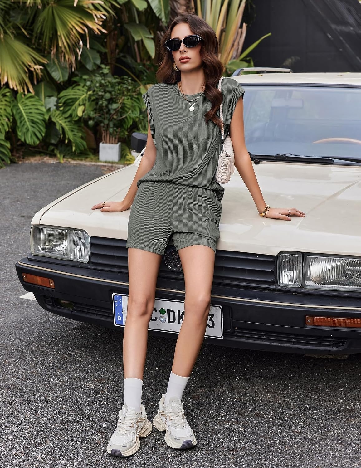 image:imageEkouaer Two Piece Sets for Women Summer Crew Neck Lounge Shorts Sets Cap Sleeve Matching Sets Vacation Outfits with PocketDark Olive Green