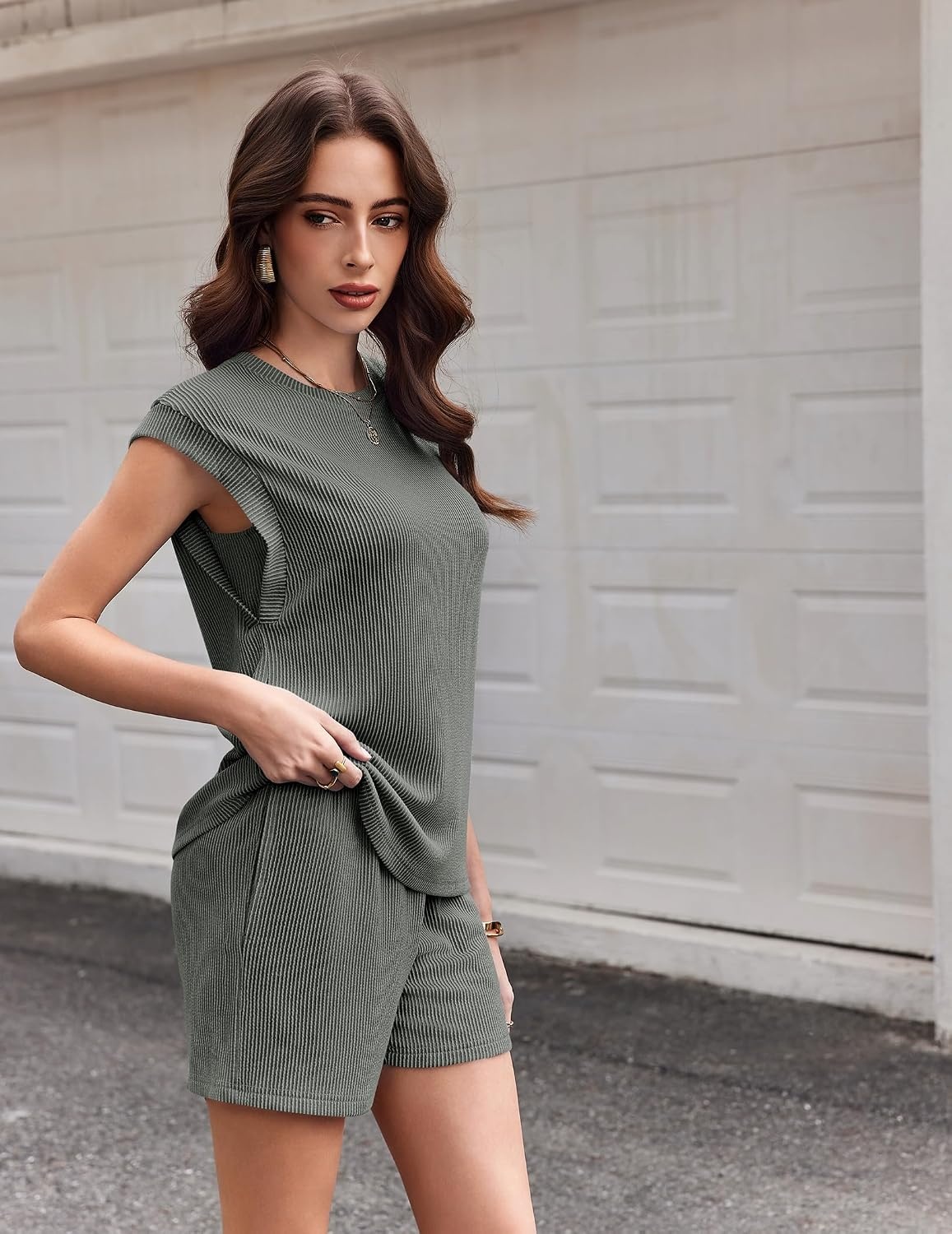image:imageEkouaer Two Piece Sets for Women Summer Crew Neck Lounge Shorts Sets Cap Sleeve Matching Sets Vacation Outfits with PocketDark Olive Green