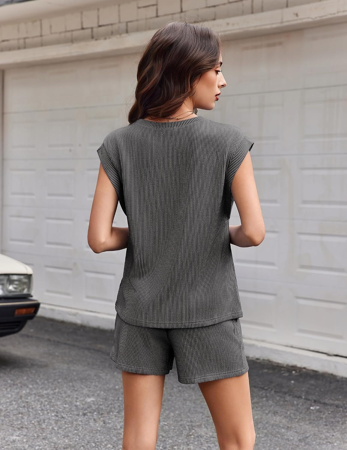 image:imageEkouaer Two Piece Sets for Women Summer Crew Neck Lounge Shorts Sets Cap Sleeve Matching Sets Vacation Outfits with PocketGrey