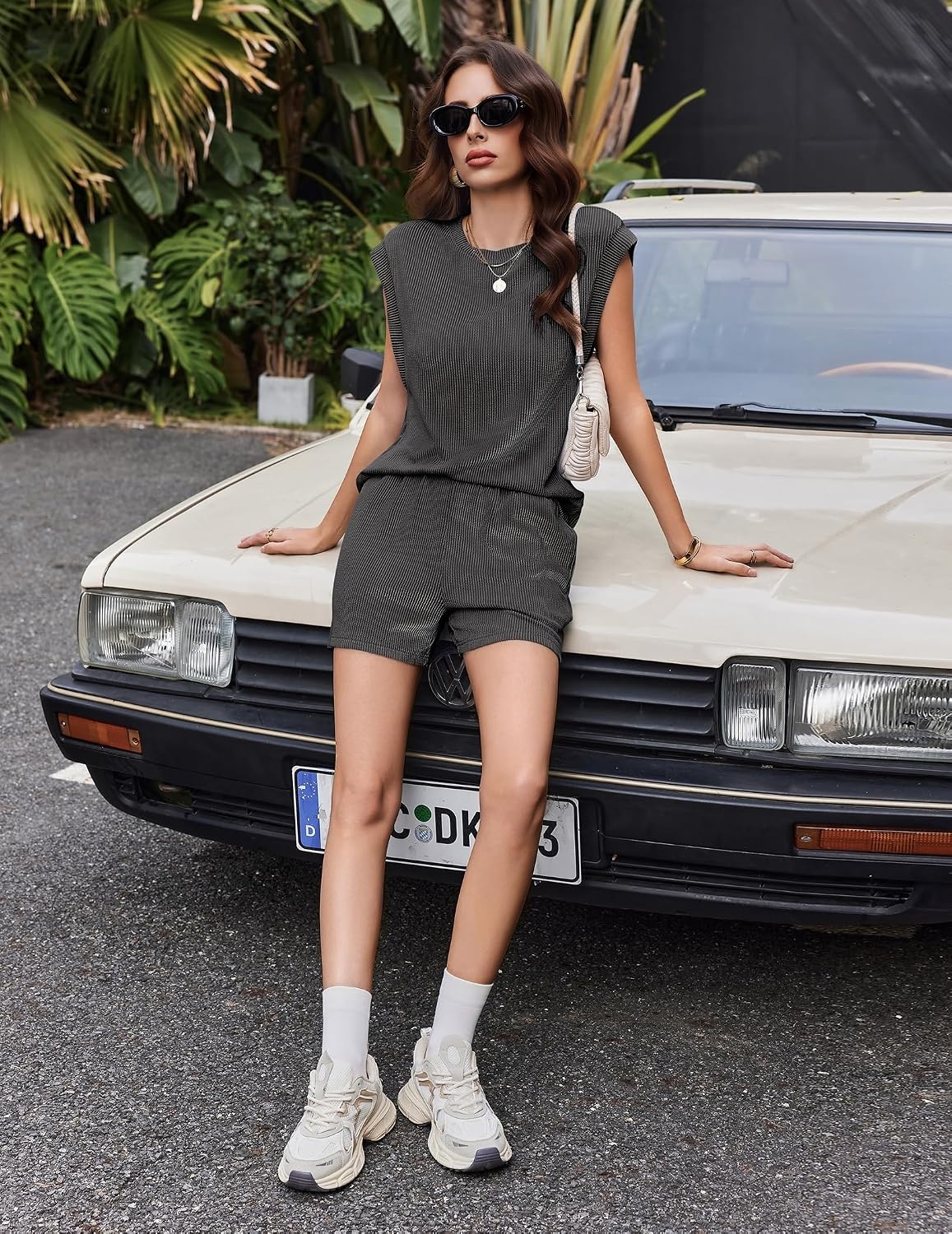 image:imageEkouaer Two Piece Sets for Women Summer Crew Neck Lounge Shorts Sets Cap Sleeve Matching Sets Vacation Outfits with PocketGrey