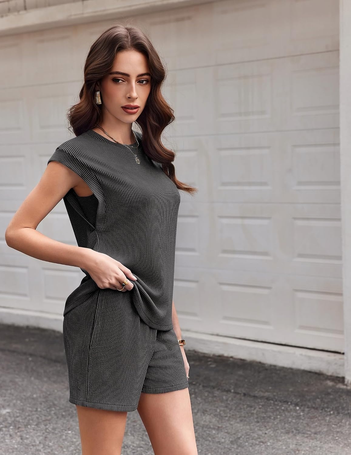 image:imageEkouaer Two Piece Sets for Women Summer Crew Neck Lounge Shorts Sets Cap Sleeve Matching Sets Vacation Outfits with PocketGrey