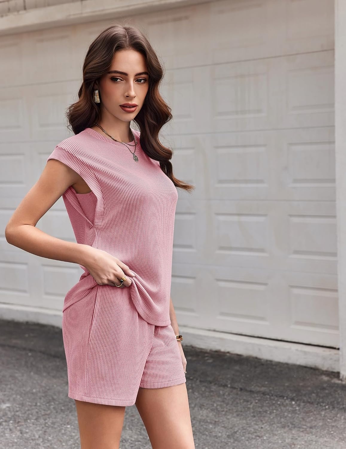 image:imageEkouaer Two Piece Sets for Women Summer Crew Neck Lounge Shorts Sets Cap Sleeve Matching Sets Vacation Outfits with PocketLight Pink