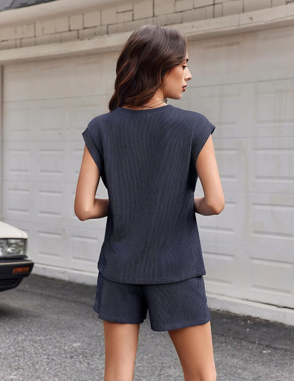 image:imageEkouaer Two Piece Sets for Women Summer Crew Neck Lounge Shorts Sets Cap Sleeve Matching Sets Vacation Outfits with PocketNavy Blue