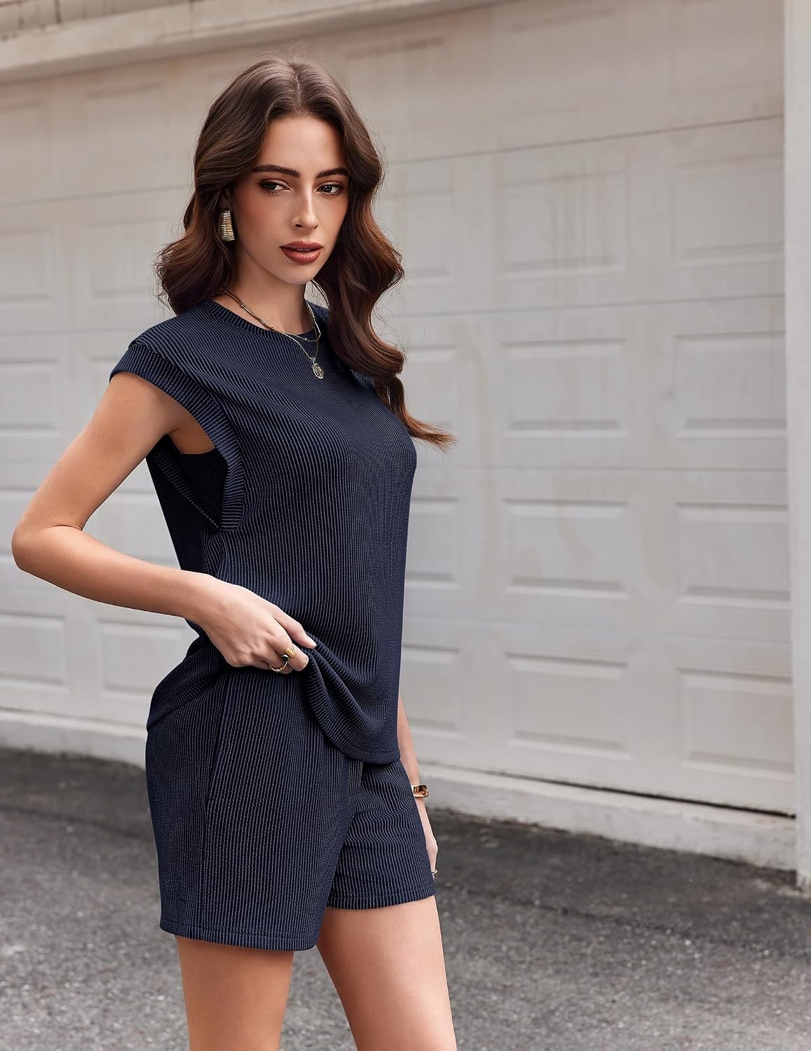 image:imageEkouaer Two Piece Sets for Women Summer Crew Neck Lounge Shorts Sets Cap Sleeve Matching Sets Vacation Outfits with PocketNavy Blue