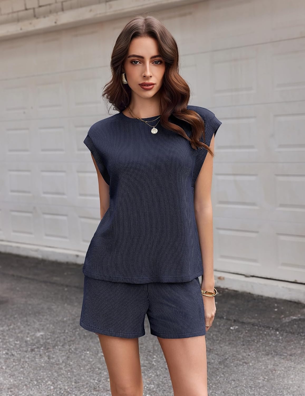 image:imageEkouaer Two Piece Sets for Women Summer Crew Neck Lounge Shorts Sets Cap Sleeve Matching Sets Vacation Outfits with PocketNavy Blue