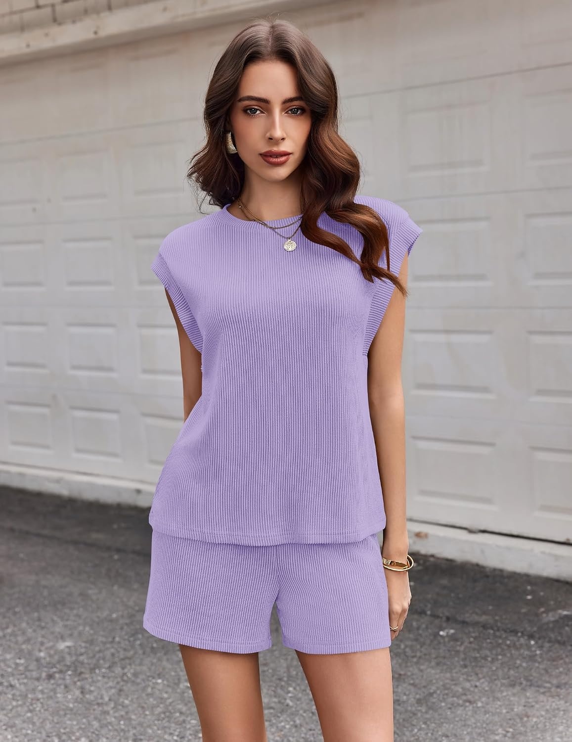 image:imageEkouaer Two Piece Sets for Women Summer Crew Neck Lounge Shorts Sets Cap Sleeve Matching Sets Vacation Outfits with PocketPurple