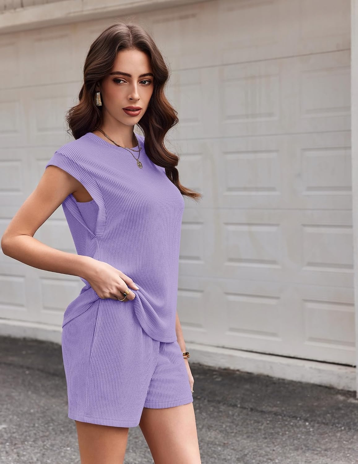 image:imageEkouaer Two Piece Sets for Women Summer Crew Neck Lounge Shorts Sets Cap Sleeve Matching Sets Vacation Outfits with PocketPurple