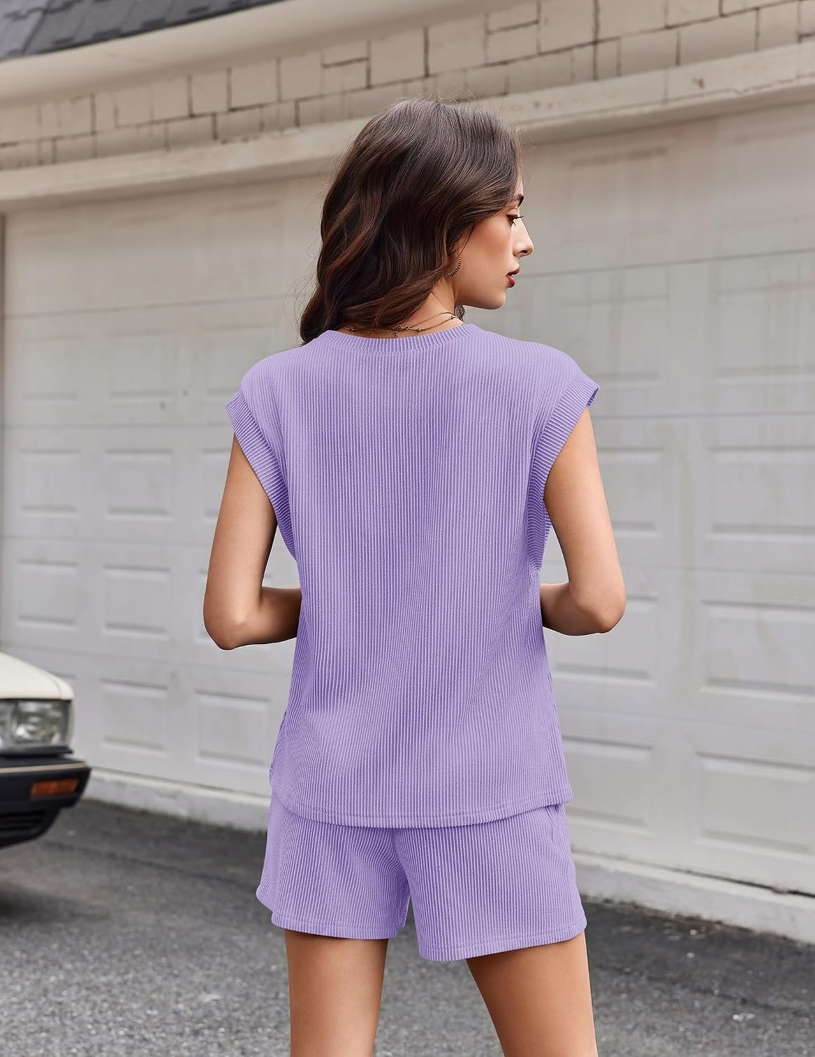 image:imageEkouaer Two Piece Sets for Women Summer Crew Neck Lounge Shorts Sets Cap Sleeve Matching Sets Vacation Outfits with PocketPurple