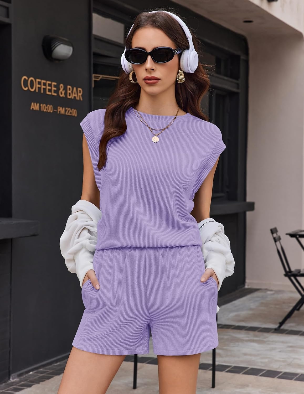image:imageEkouaer Two Piece Sets for Women Summer Crew Neck Lounge Shorts Sets Cap Sleeve Matching Sets Vacation Outfits with PocketPurple