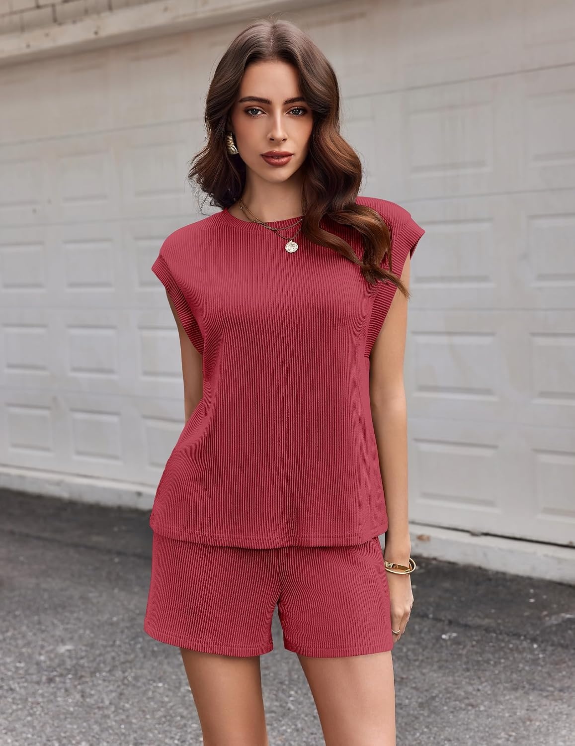 image:imageEkouaer Two Piece Sets for Women Summer Crew Neck Lounge Shorts Sets Cap Sleeve Matching Sets Vacation Outfits with PocketRed
