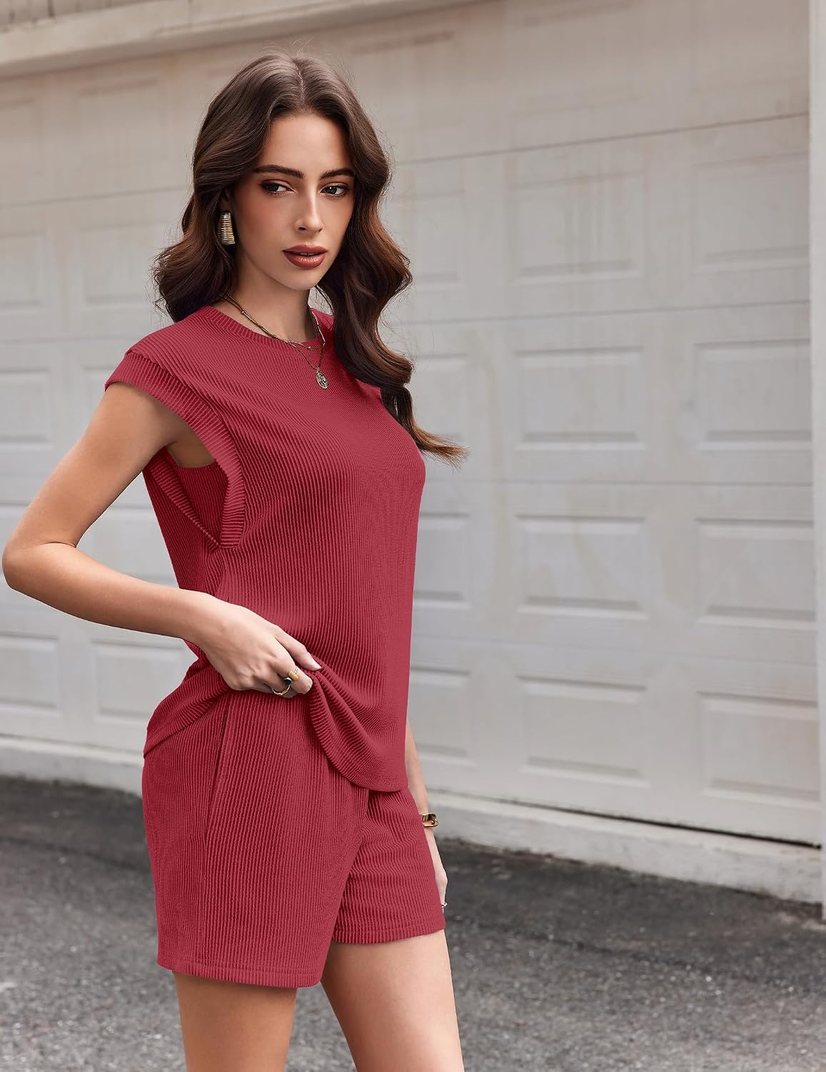 image:imageEkouaer Two Piece Sets for Women Summer Crew Neck Lounge Shorts Sets Cap Sleeve Matching Sets Vacation Outfits with PocketRed