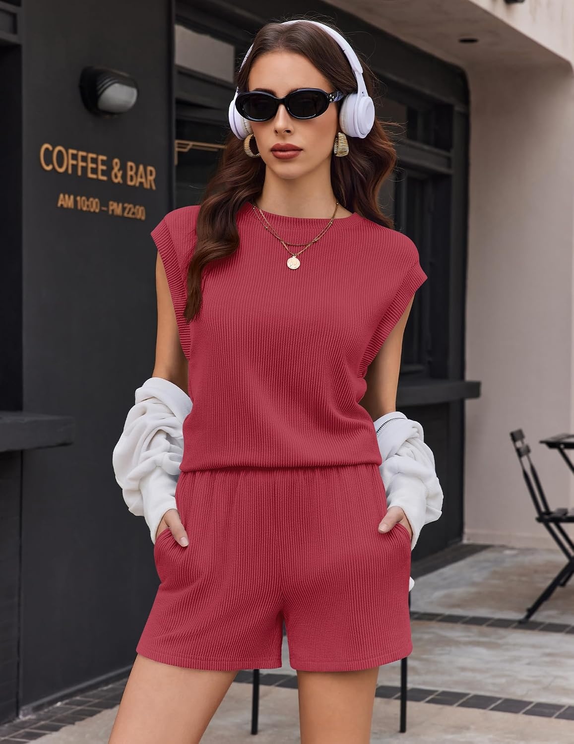 image:imageEkouaer Two Piece Sets for Women Summer Crew Neck Lounge Shorts Sets Cap Sleeve Matching Sets Vacation Outfits with PocketRed