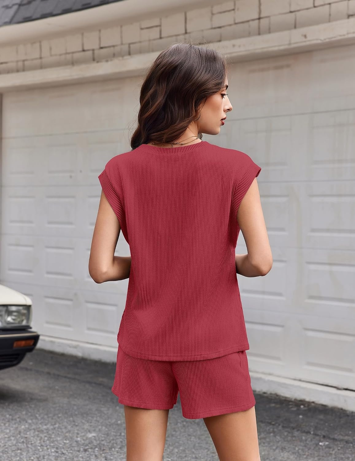 image:imageEkouaer Two Piece Sets for Women Summer Crew Neck Lounge Shorts Sets Cap Sleeve Matching Sets Vacation Outfits with PocketRed