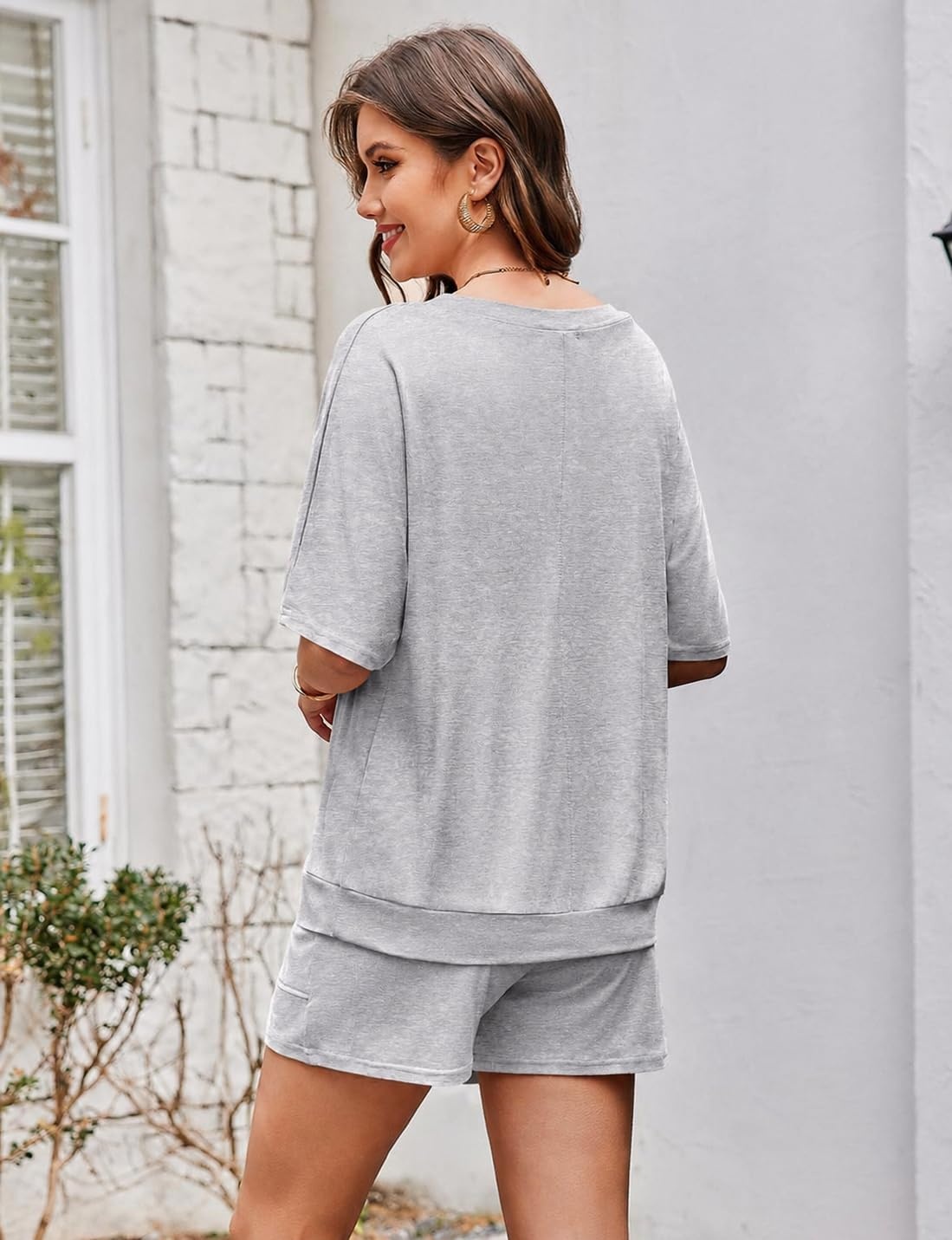 image:imageEkouaer Women Pajama Set Two Piece Short Sleeve V Neck Top and Lounge Sleep Shorts Set with Pockets Comfortable SleepwearGrey