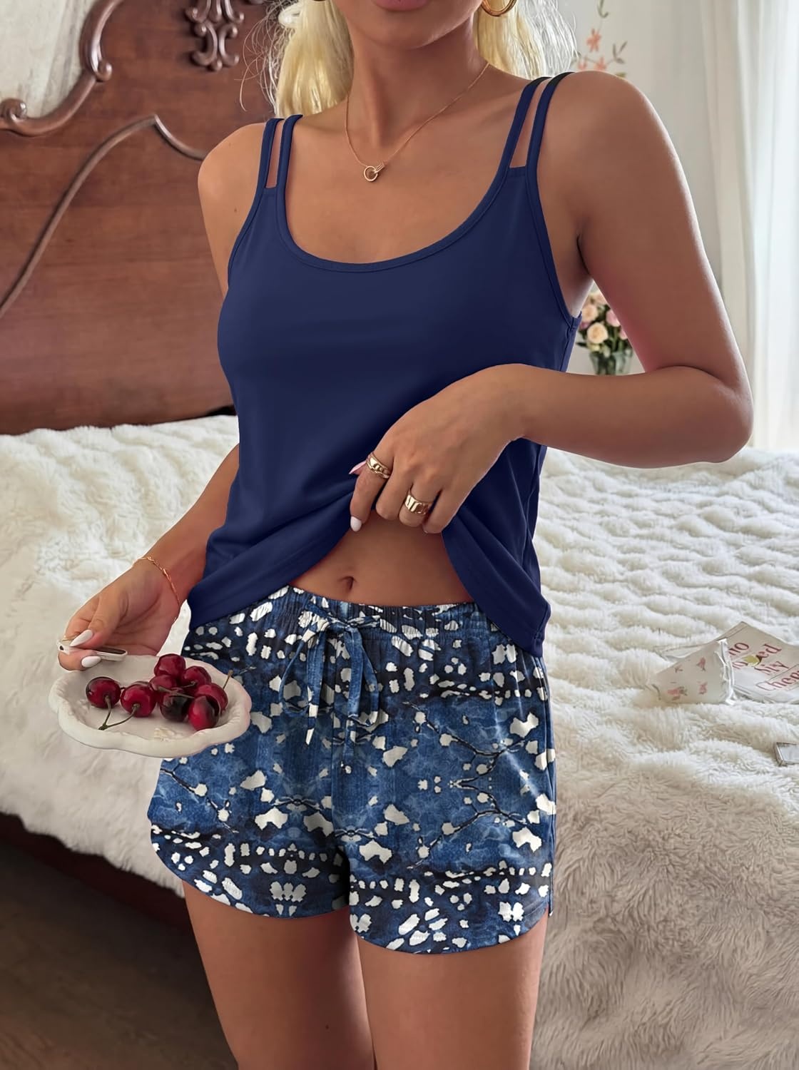 image:imageEkouaer Womens Cami Pajama Set Sexy Tank Top and Shorts Set Sleeveless Racerback Pjs Summer Soft Sleepwear SXXLHawaii Blue Tie Dye
