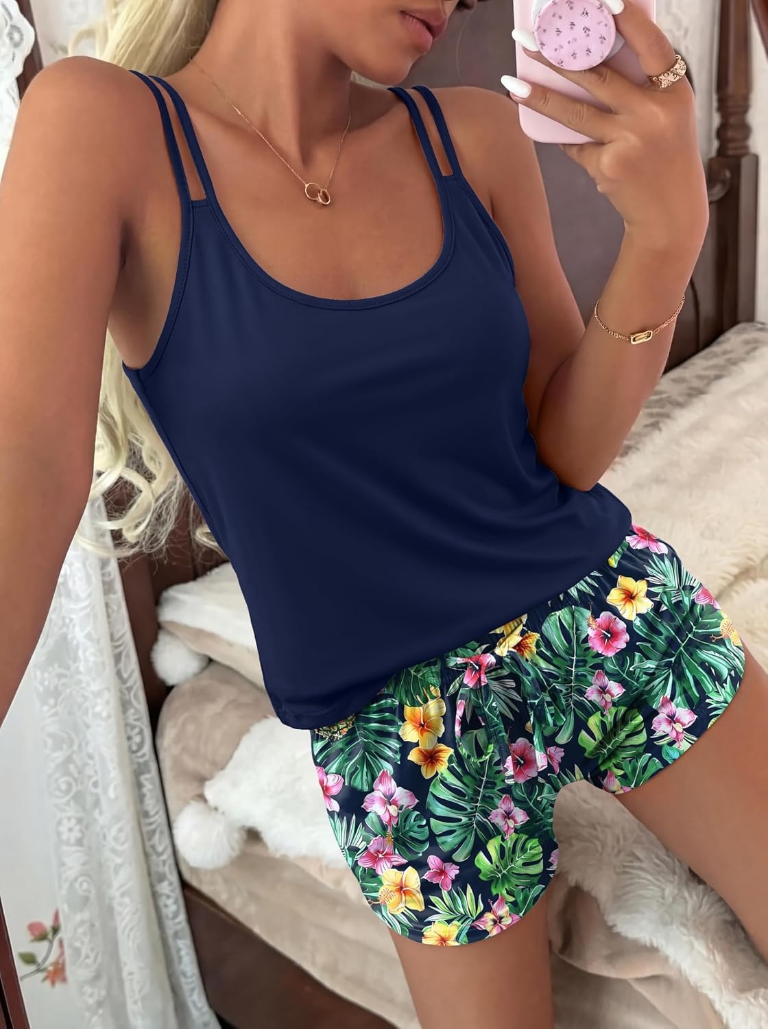 image:imageEkouaer Womens Cami Pajama Set Sexy Tank Top and Shorts Set Sleeveless Racerback Pjs Summer Soft Sleepwear SXXLHawaiian Pineapple Plant