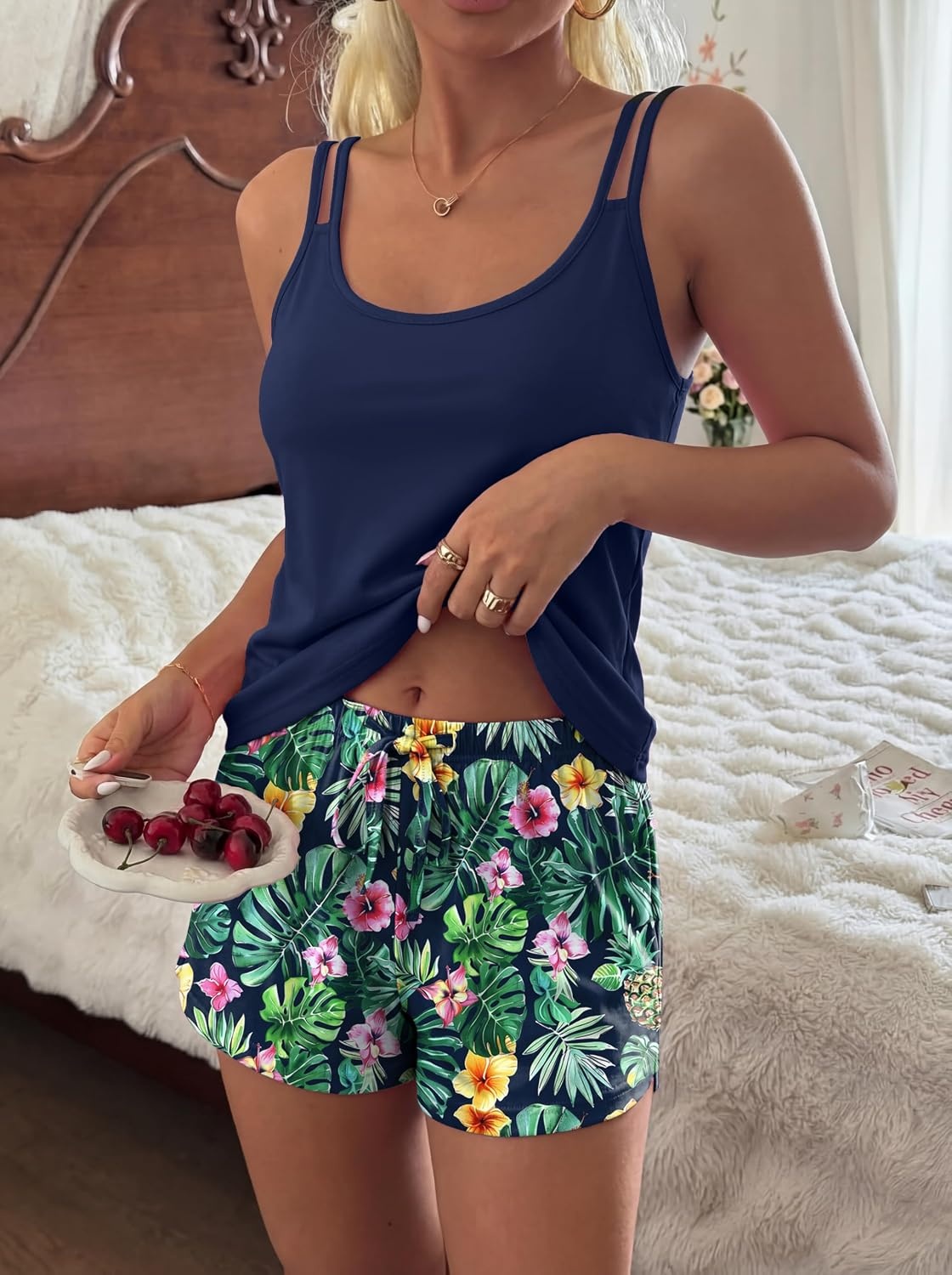 image:imageEkouaer Womens Cami Pajama Set Sexy Tank Top and Shorts Set Sleeveless Racerback Pjs Summer Soft Sleepwear SXXLHawaiian Pineapple Plant