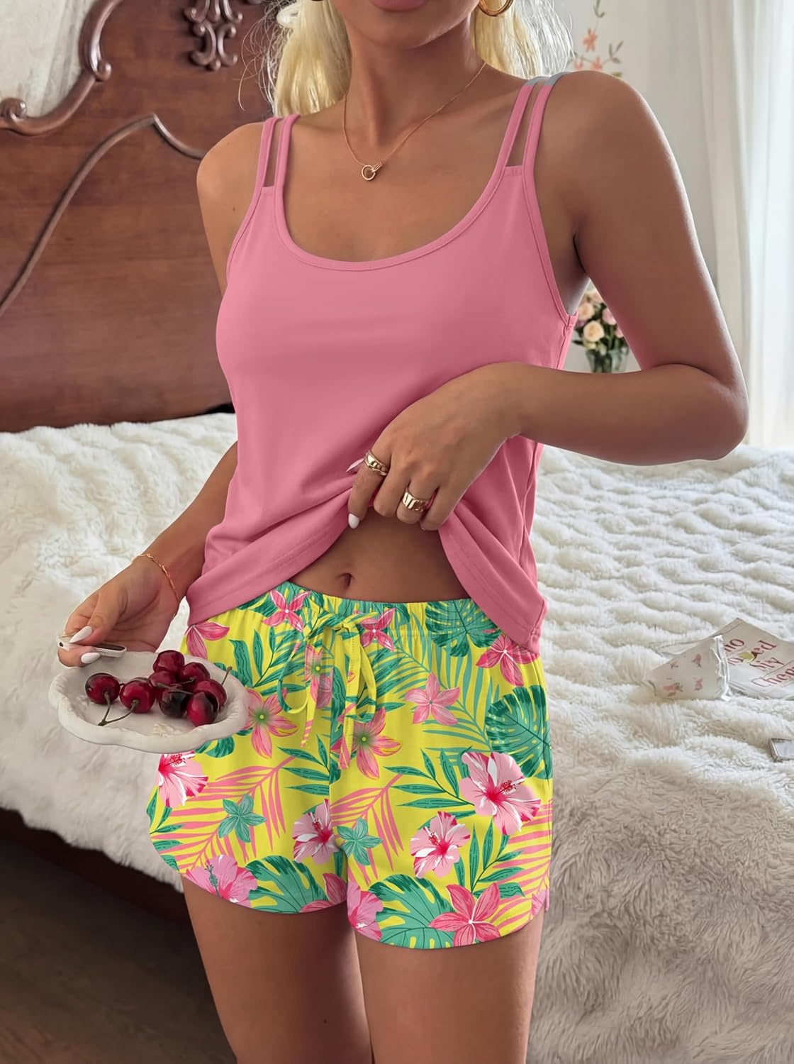 image:imageEkouaer Womens Cami Pajama Set Sexy Tank Top and Shorts Set Sleeveless Racerback Pjs Summer Soft Sleepwear SXXLHawaiian Pink Floral Leaves