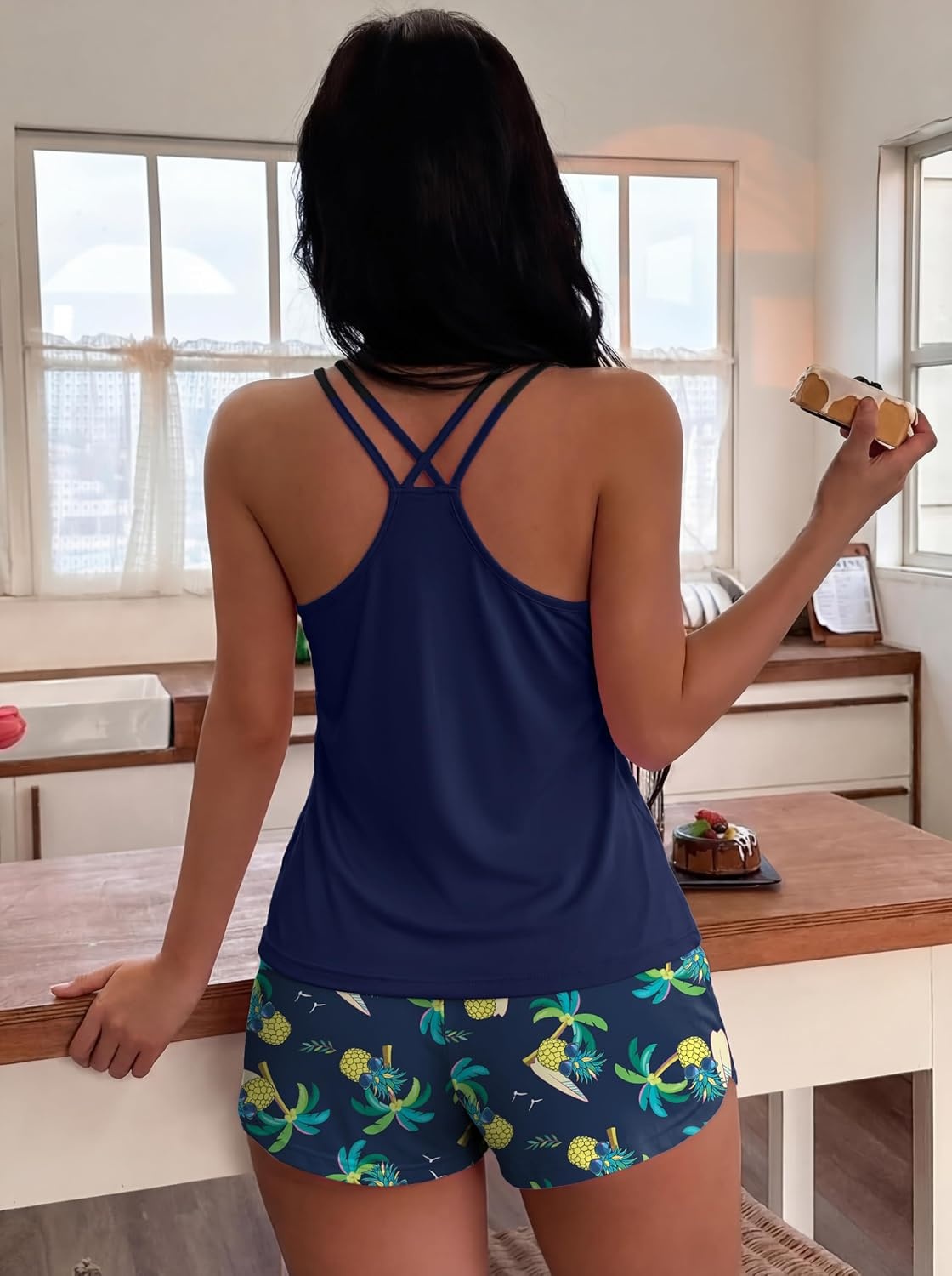 image:imageEkouaer Womens Cami Pajama Set Sexy Tank Top and Shorts Set Sleeveless Racerback Pjs Summer Soft Sleepwear SXXLNavy Pineapple Coconut Tree Skateboard